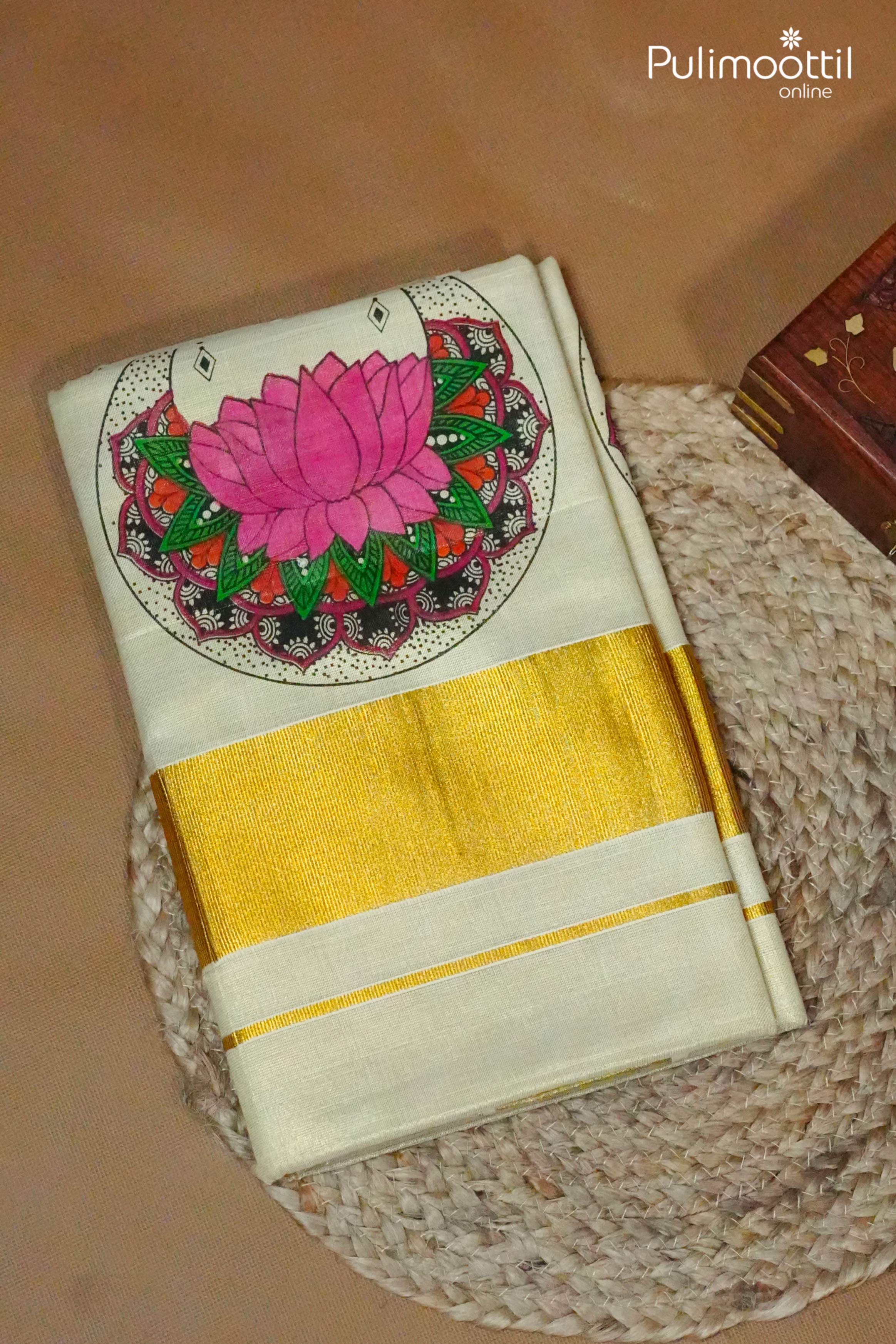 Cream Colour Kerala Traditional Set Saree.