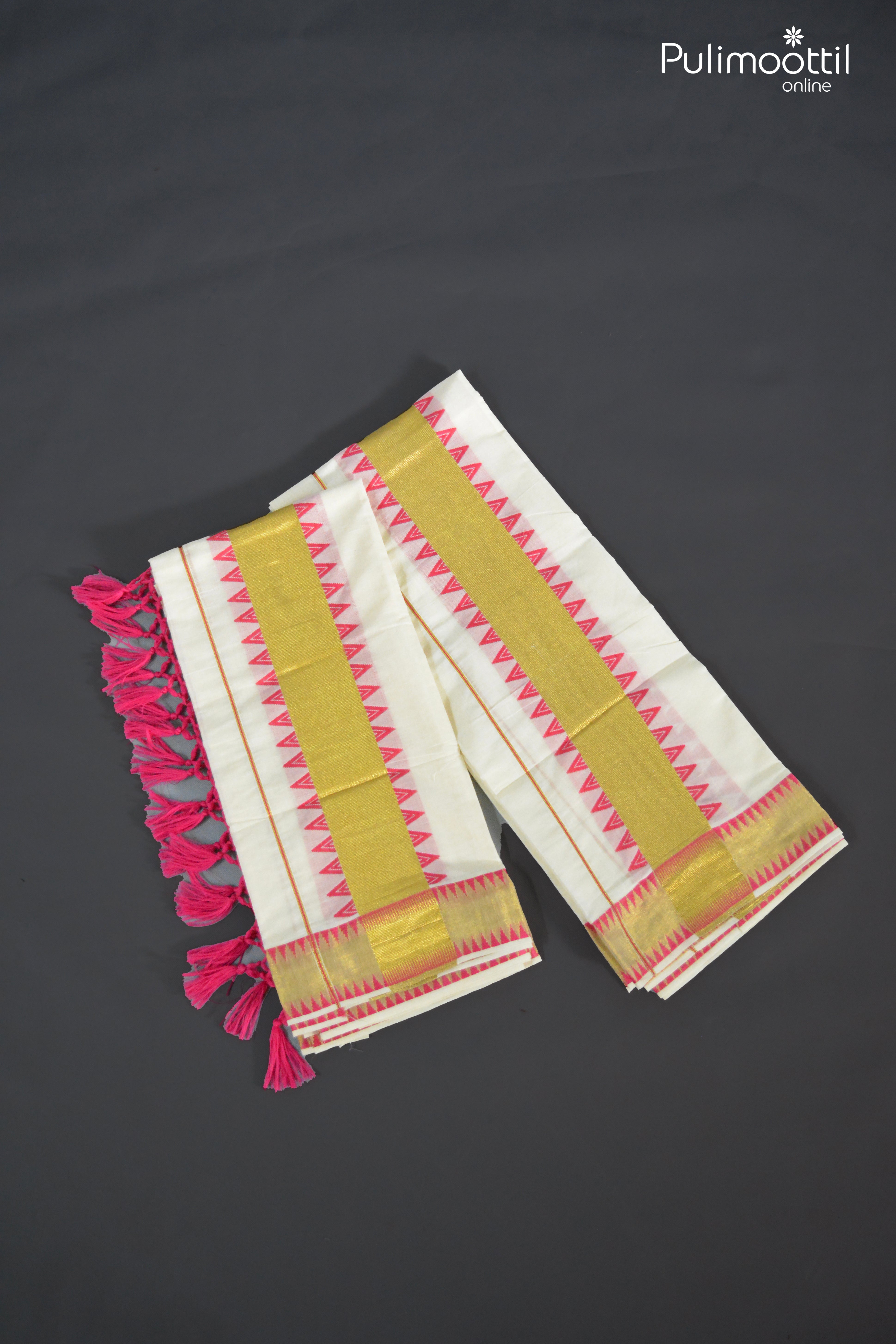Onam Special Kerala Traditional Plain White with Pink Temple Set Dhoti