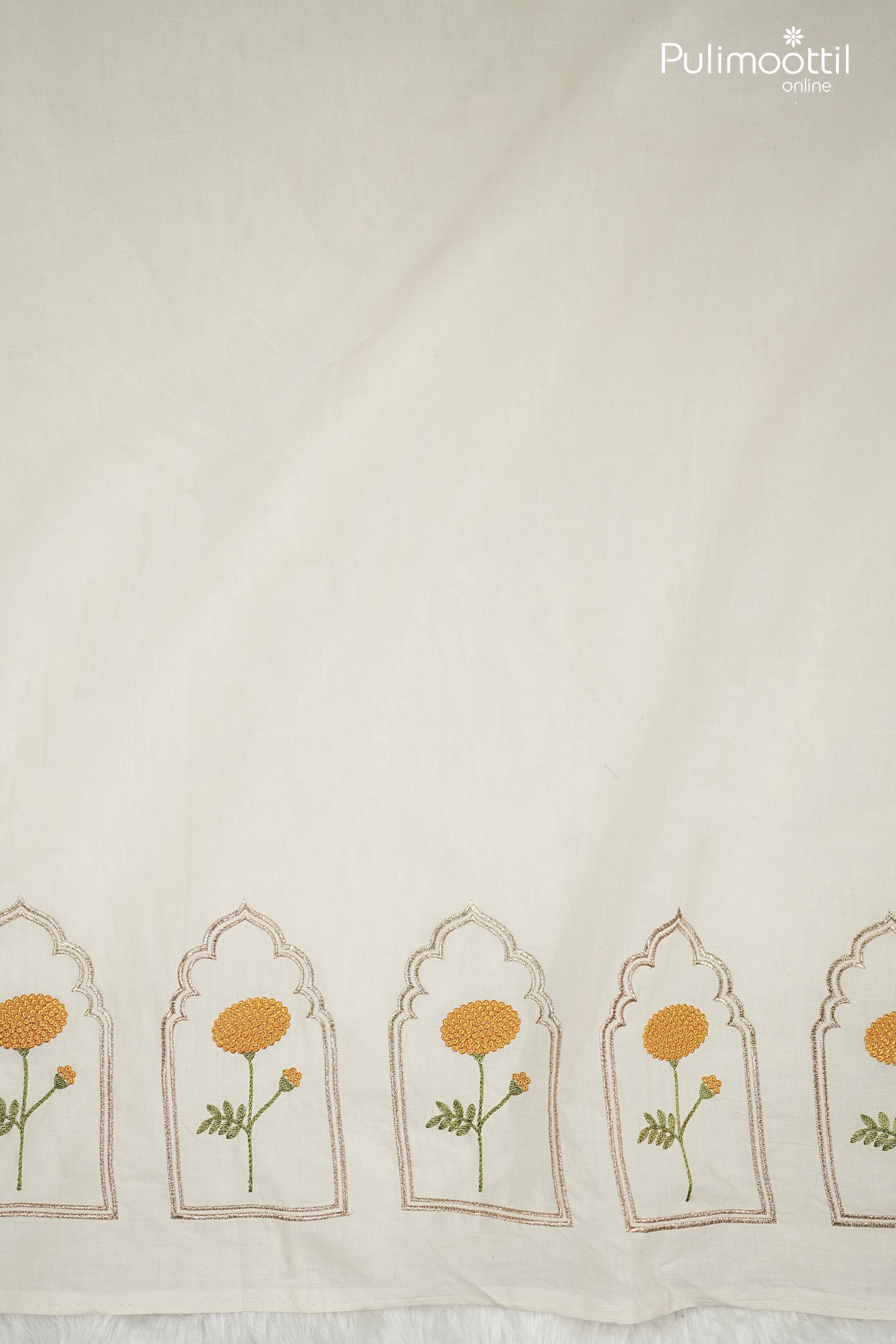 Off-White Kora Cotton Fabric with Yellow Marigold Floral Embroidery