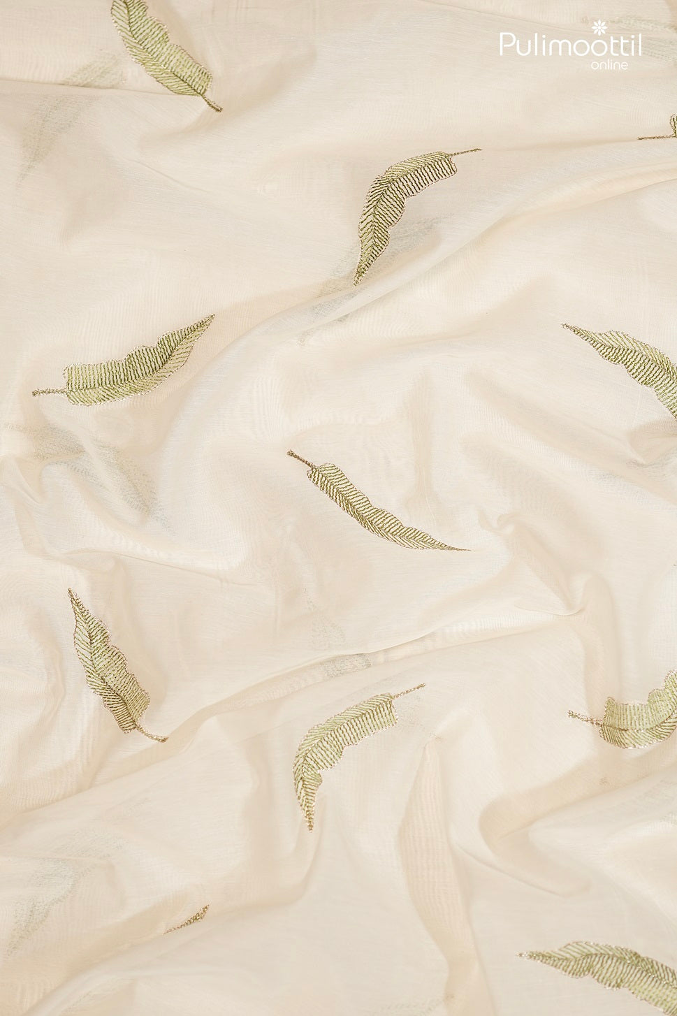 Off-White Semi Chanderi Fabric With Green Leaf Embroidery