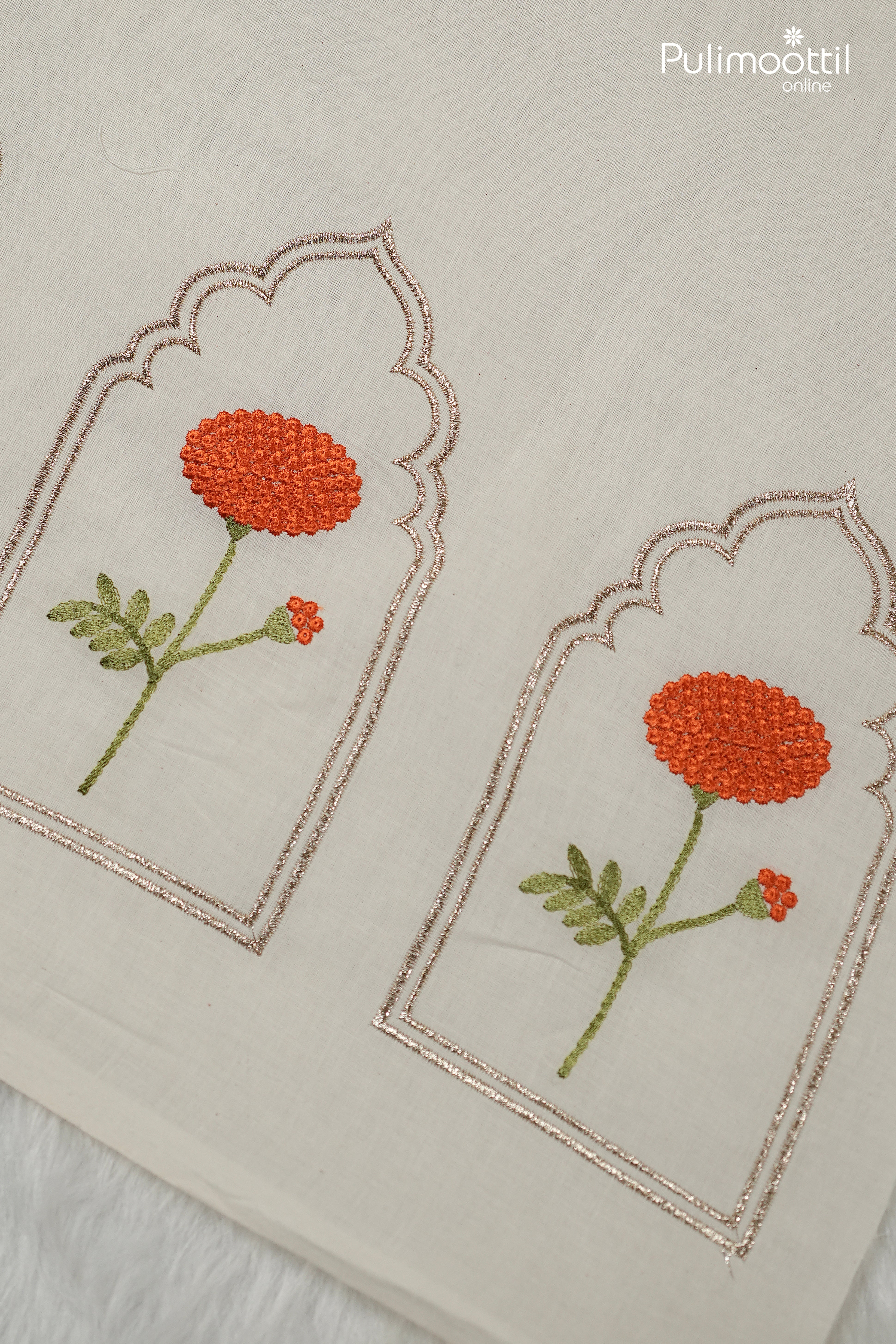 Off-White Kora Cotton Fabric with Orange Marigold Floral Embroidery