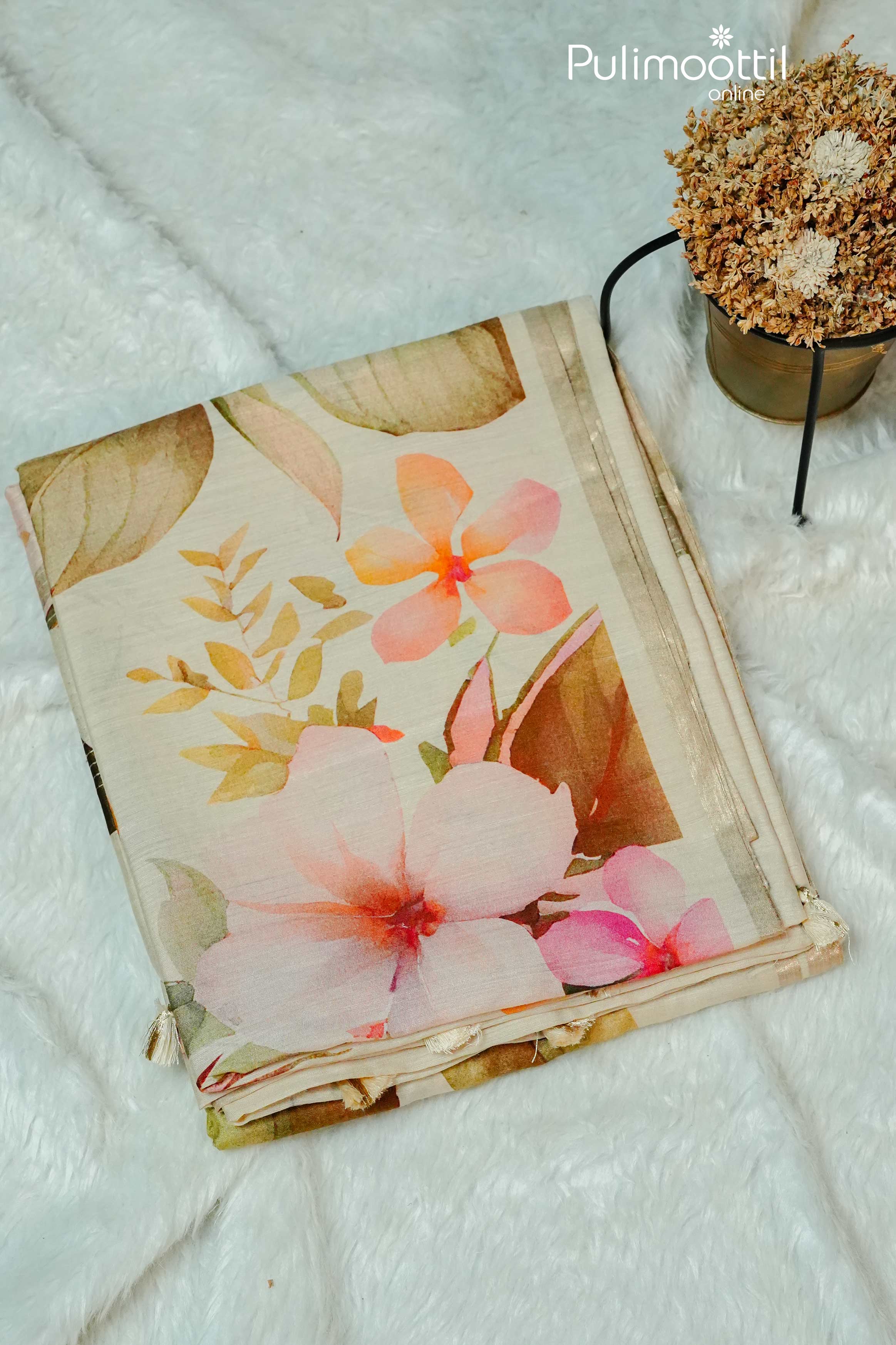 Cream Colour Pure Tussar Silks Saree.