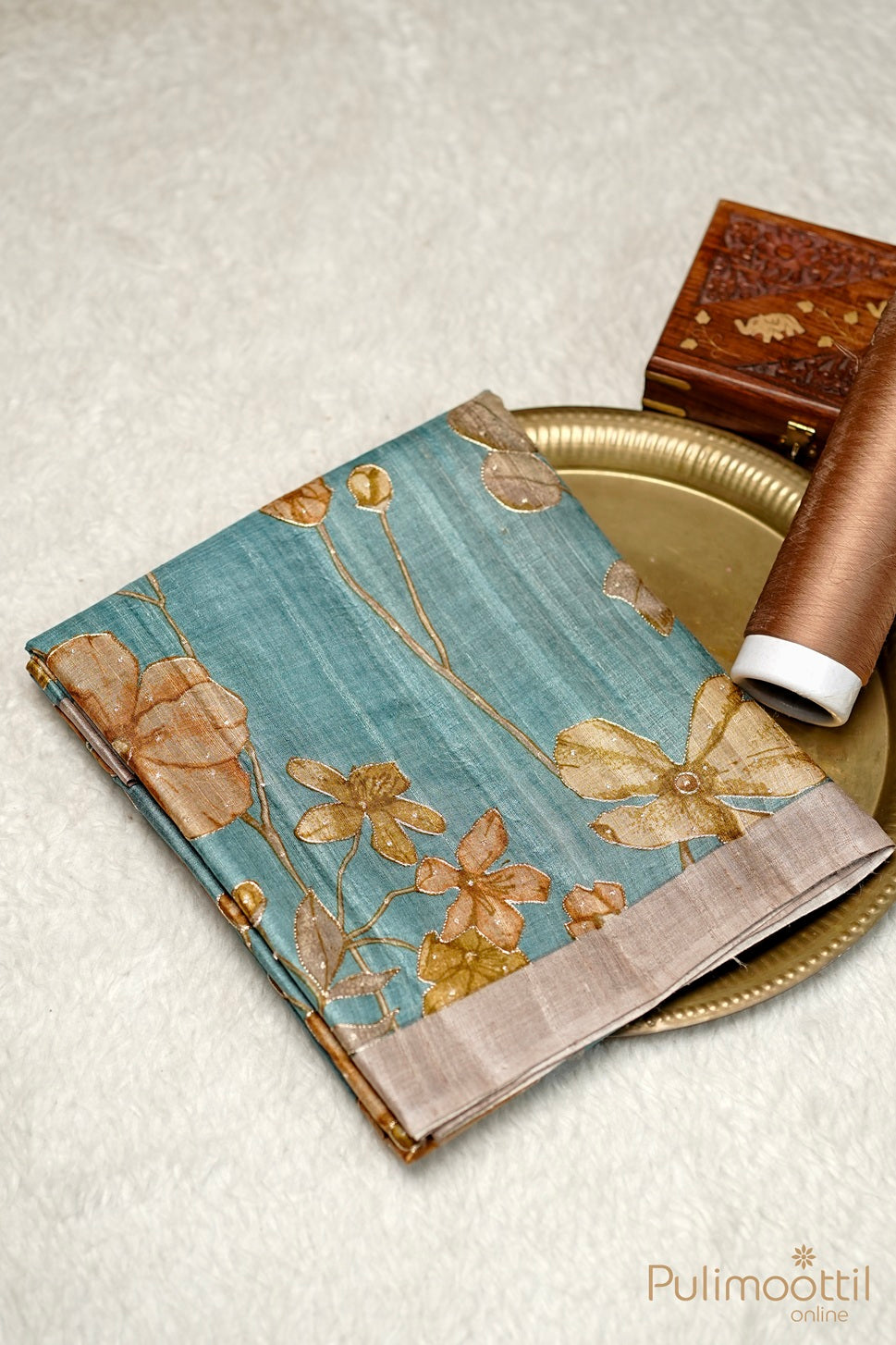 Teal Blue Colour Tussar Silk Saree.