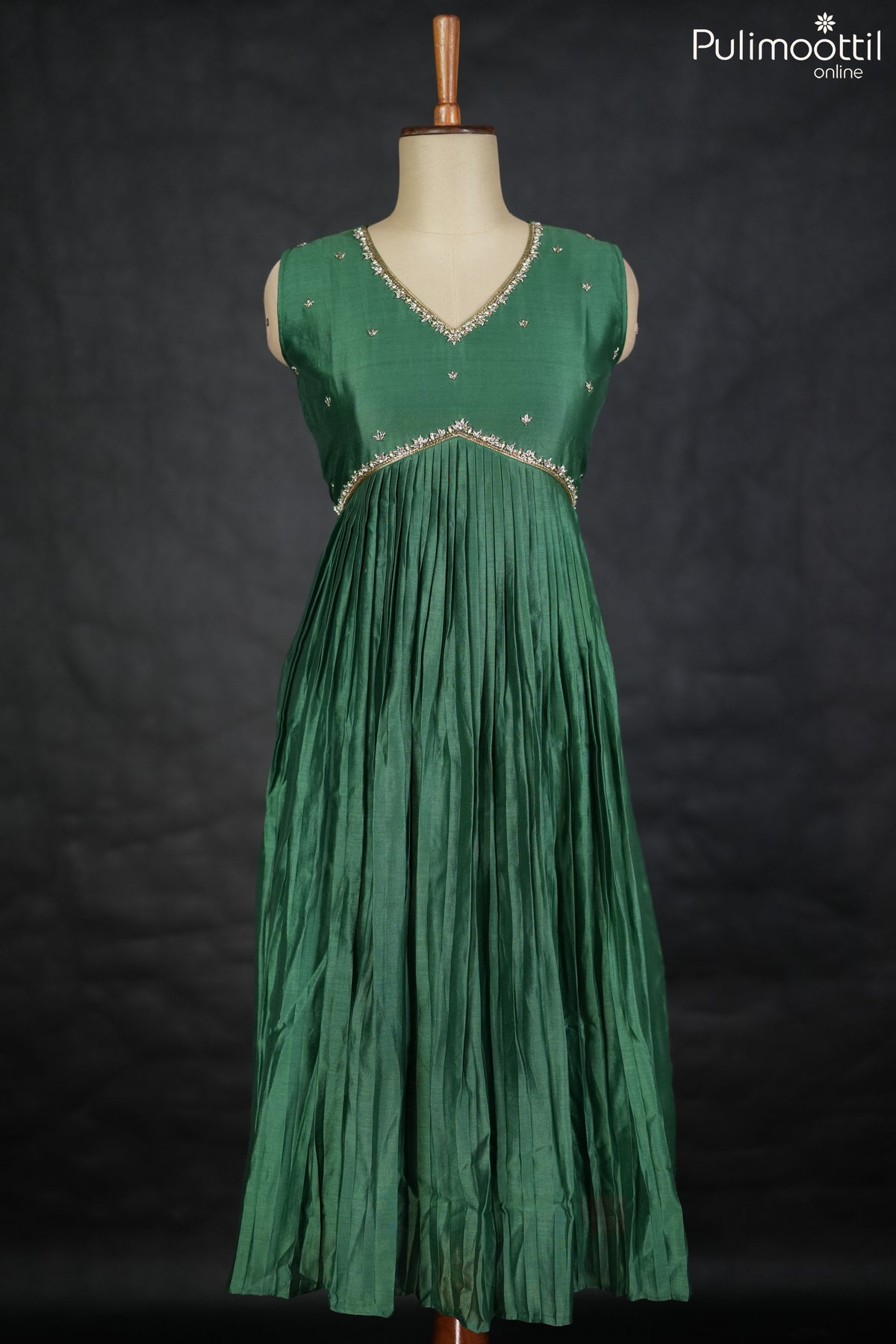 Bottle green Chanderi A-line kurti.