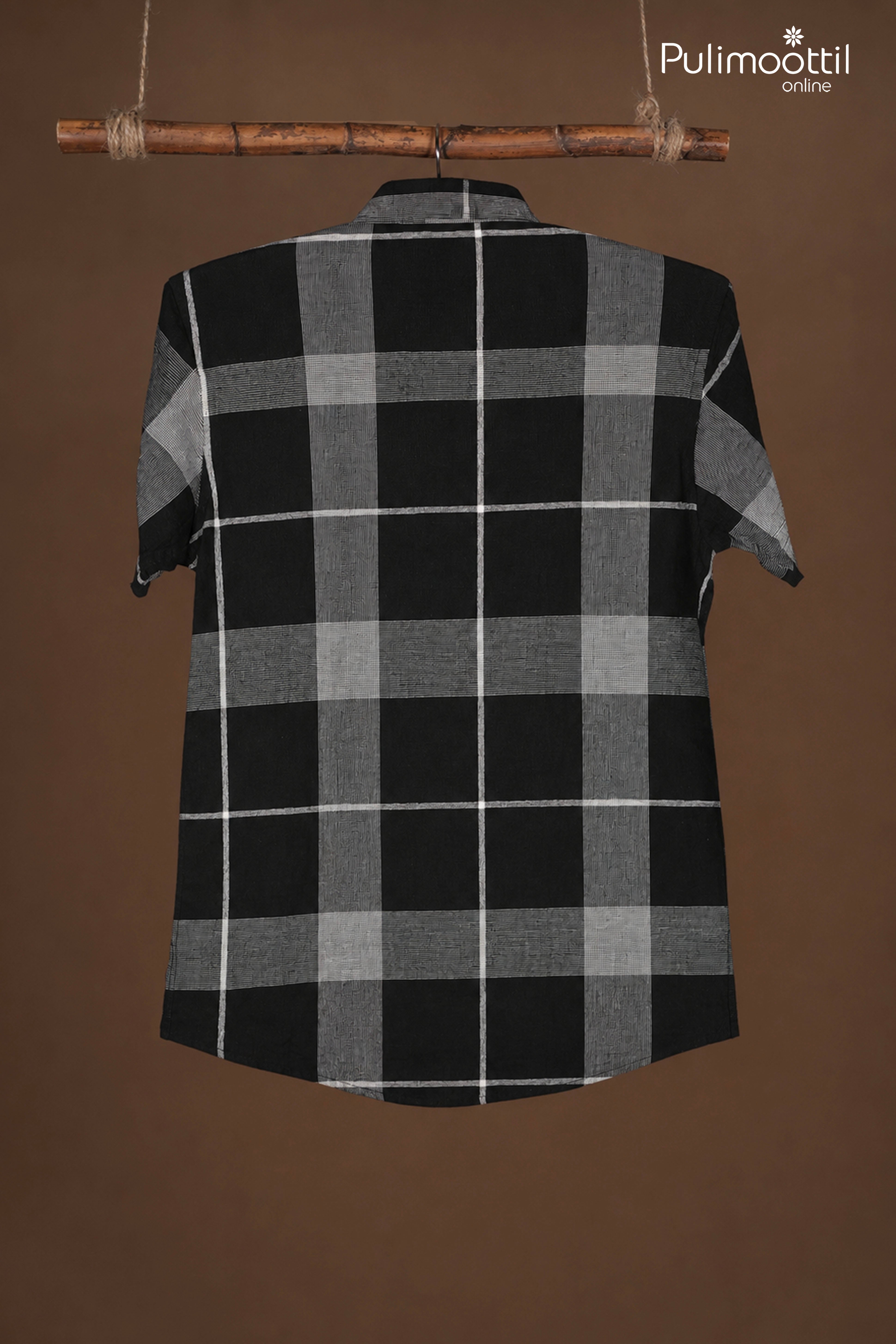 Black Color Half Sleeve Mens Shirt With Windowpane Check Pattern