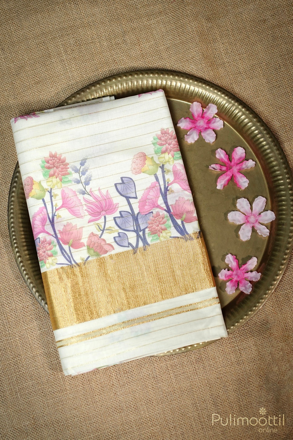 Cream Colour Floral Print Kerala Set Saree.