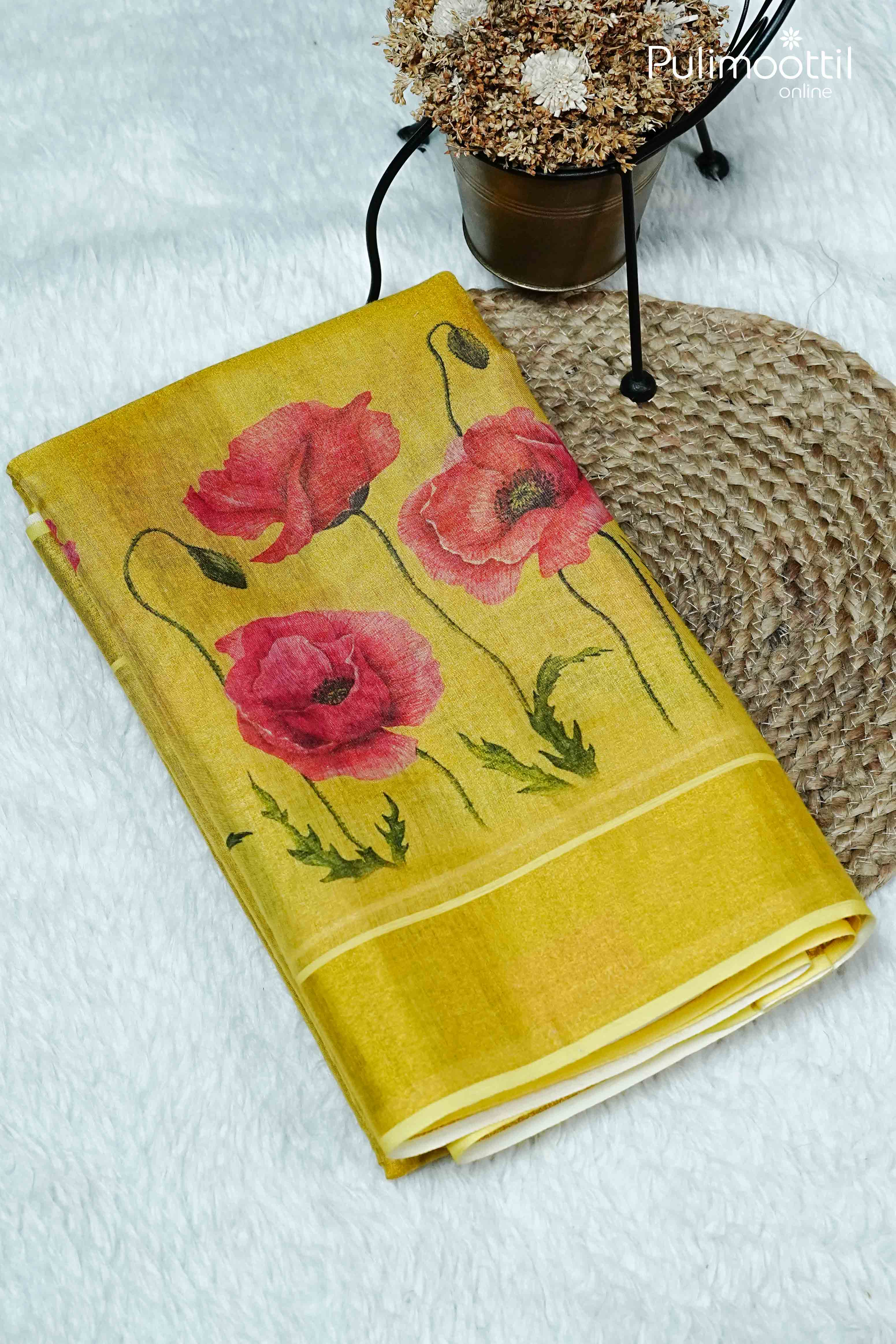 Golden Yellow Colour Kerala Traditional Tissue Set Saree