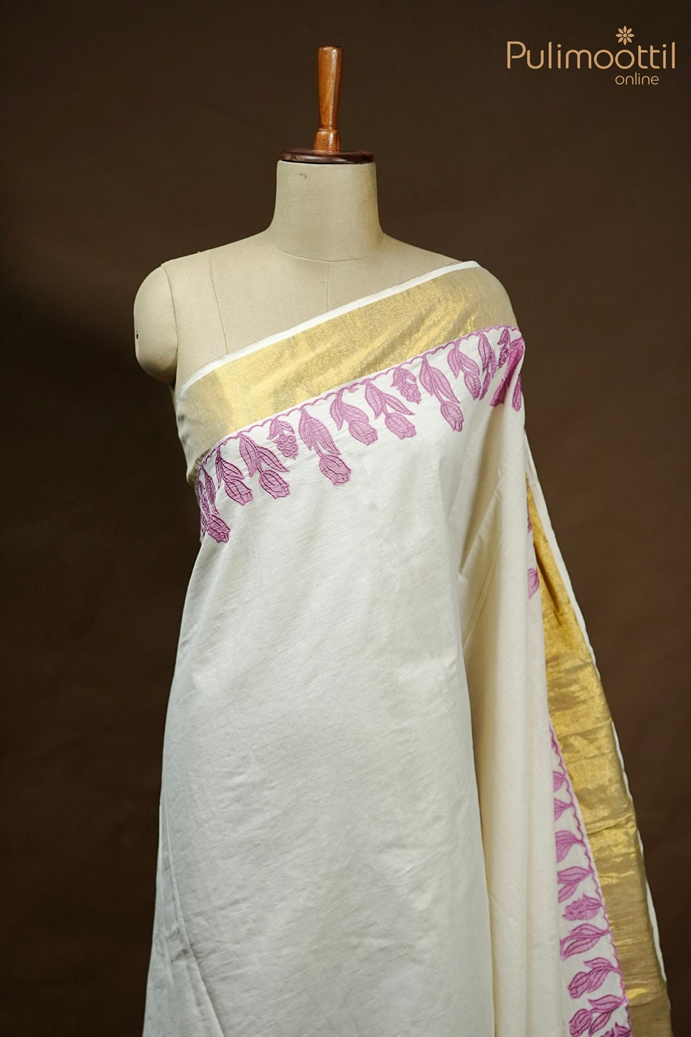 Cream Colour Kerala Cotton Applique Work Set Saree.