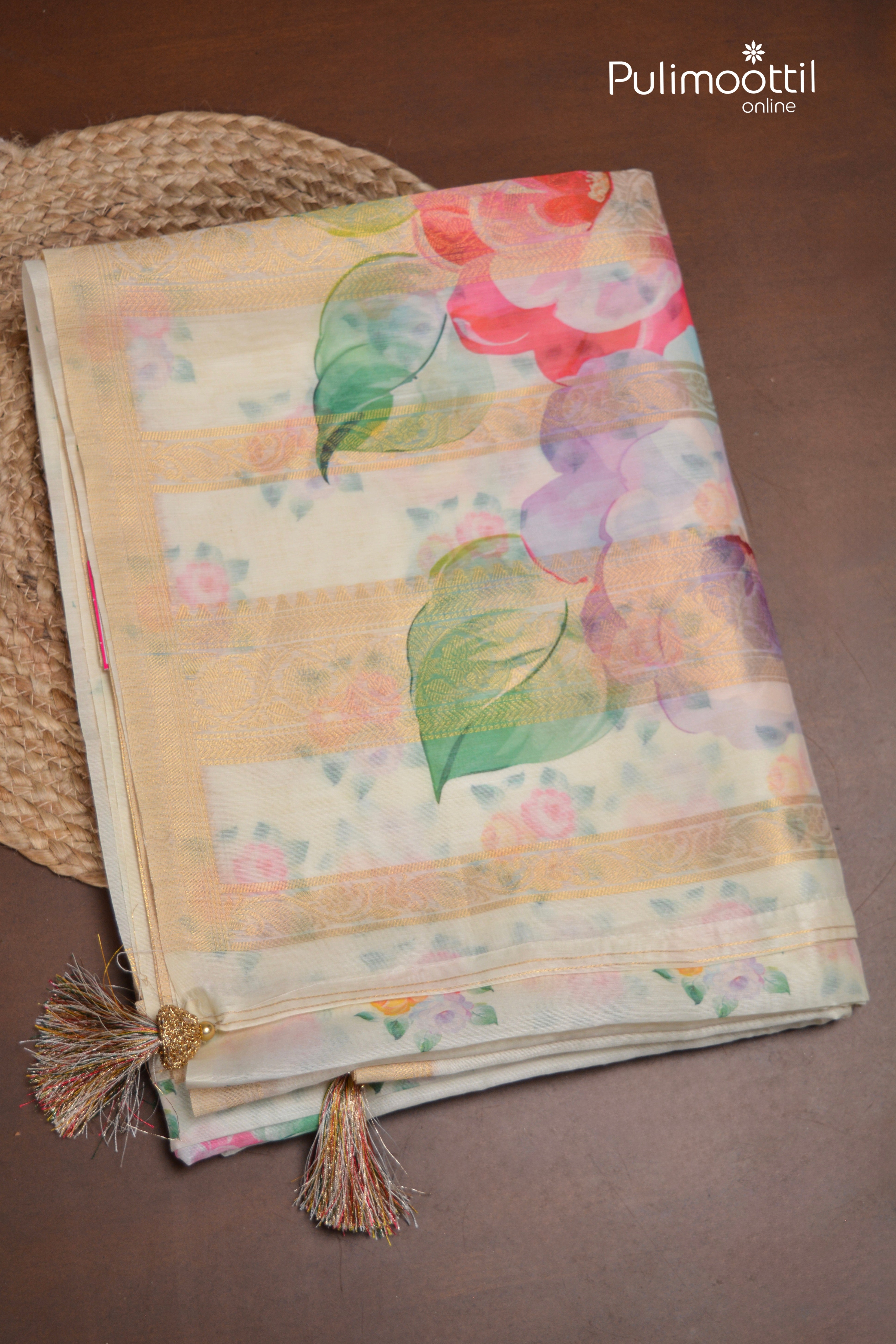 Off White Colour Semi Chanderi Traditional Saree