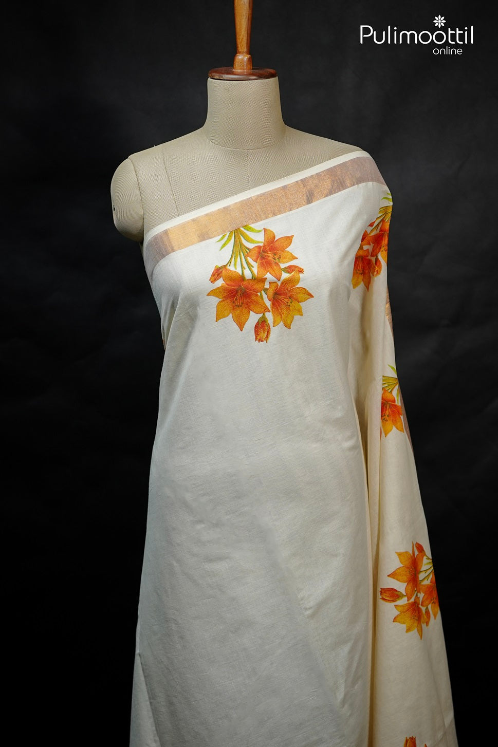 Cream Colour Kerala Digital Print Set Saree.