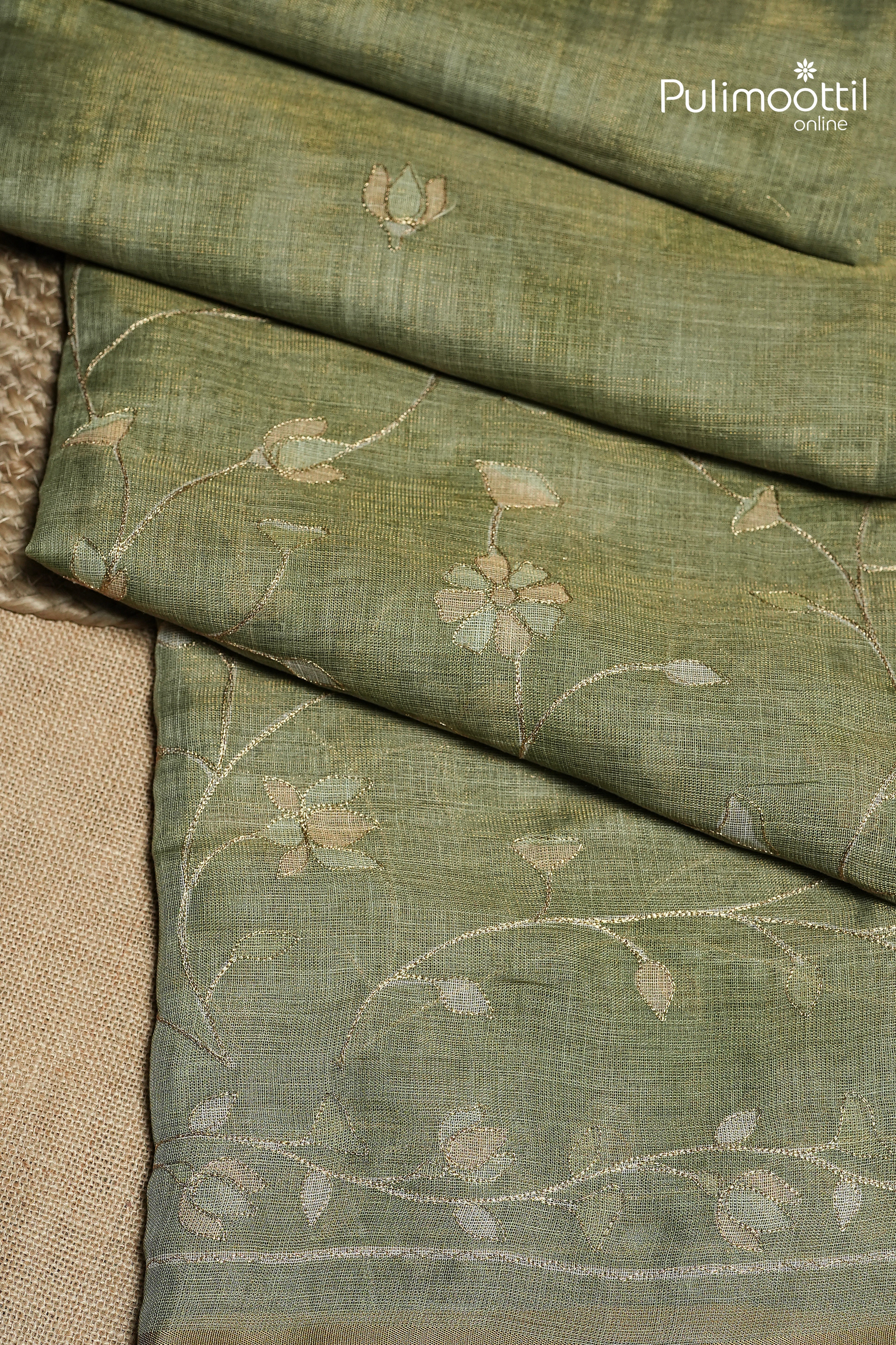 Light Olive Green Colour Linen Tissue Saree