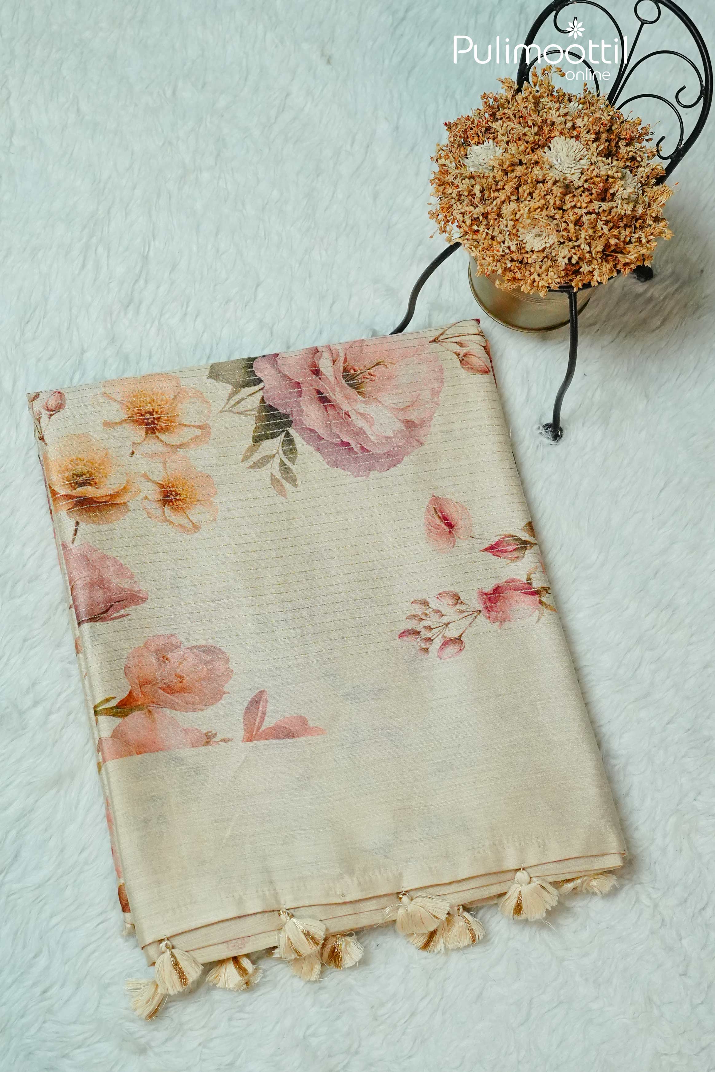 Cream Colour Pure Tussar Silks Saree.