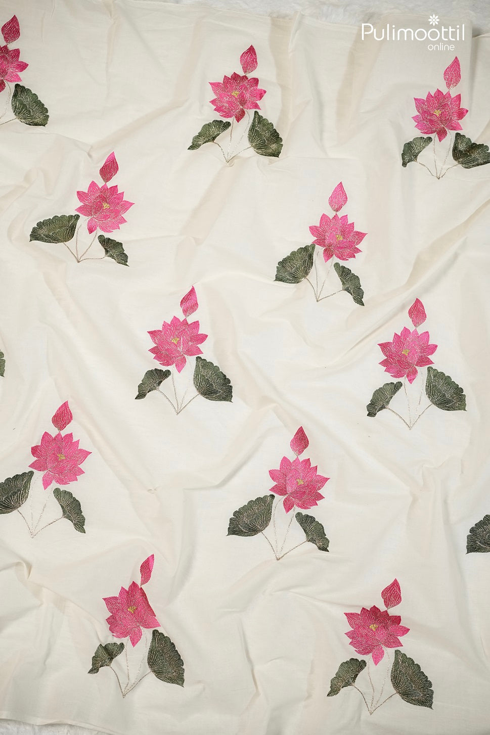 Cream Cotton Fabric with Pink Lotus Design