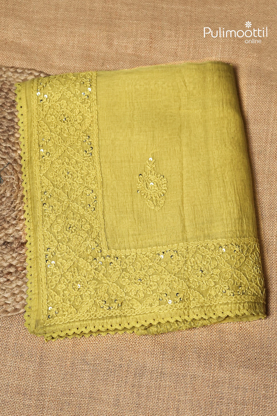 Olive Yellow Colour Chanderi Chikankari Saree