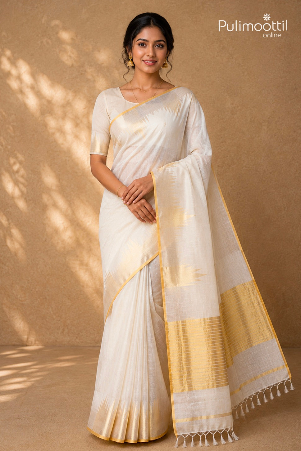 Off white color Kerala traditional handloom set saree