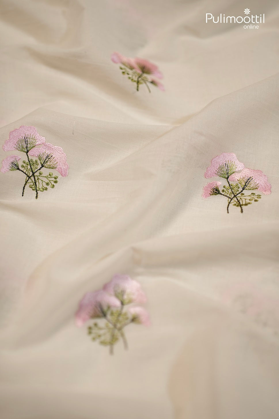 Off-White Semi Chanderi Fabric With Pink Floral Embroidery