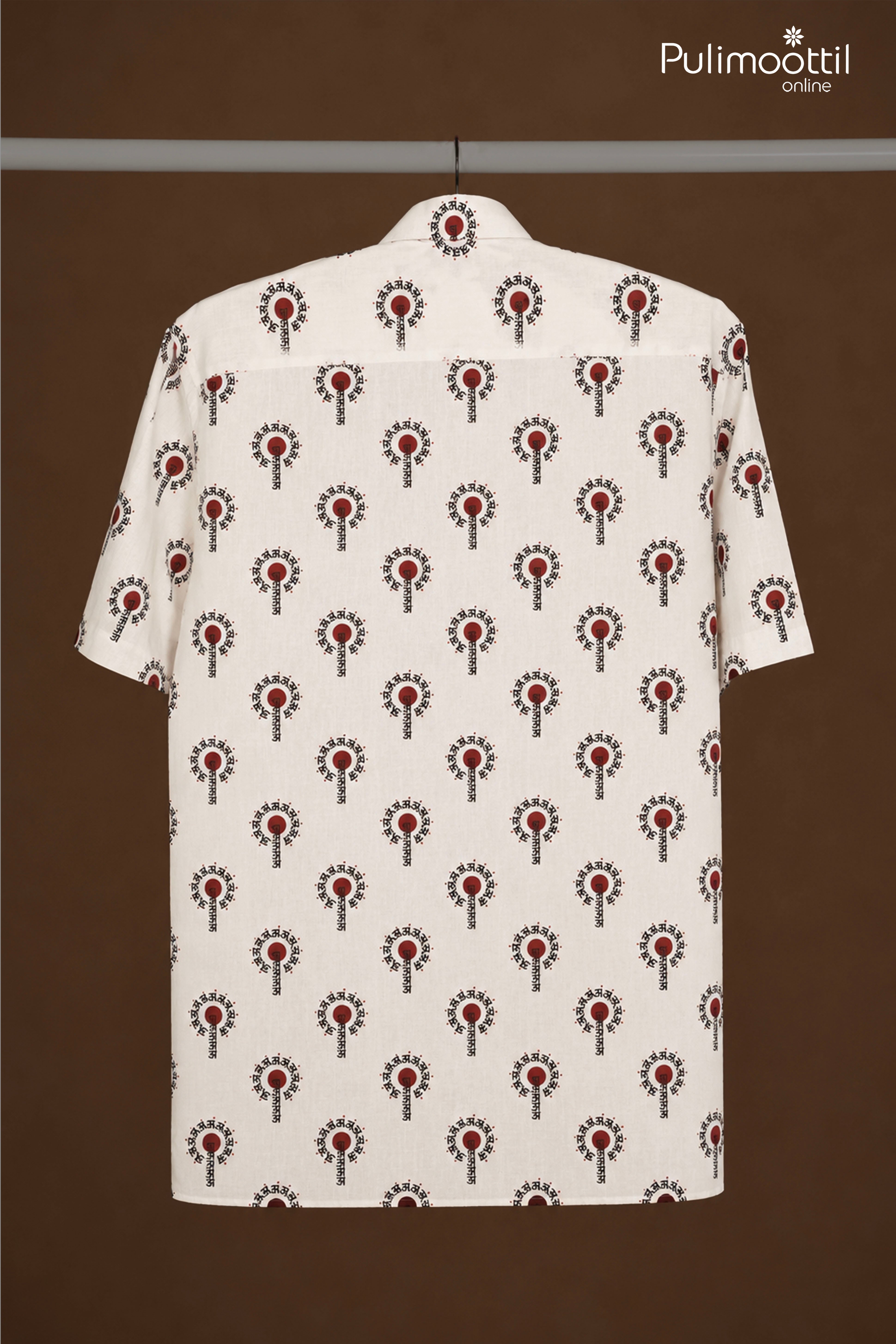 White Half Sleeve Mens Shirt With Sanskrit Circular Print