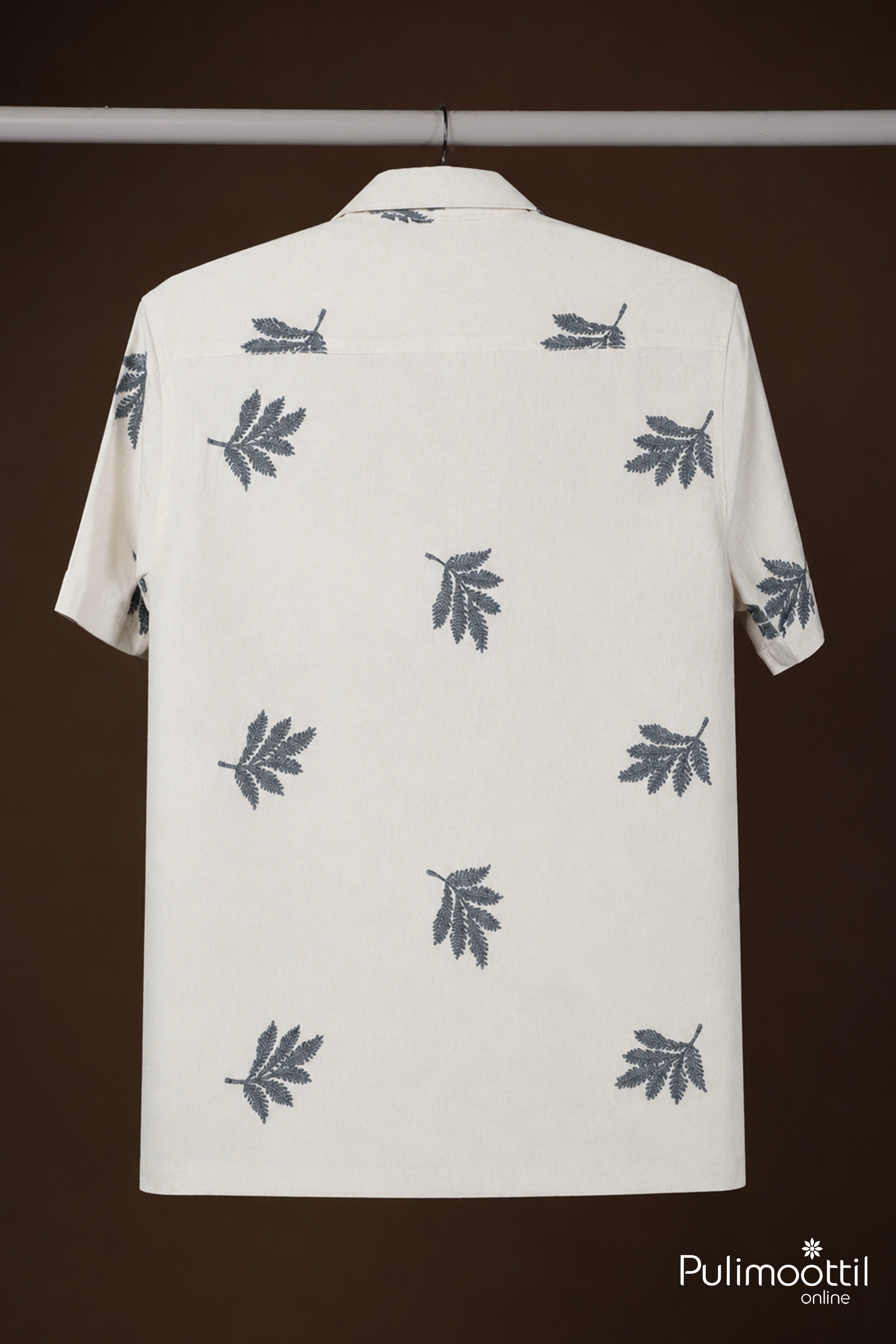 Off White Color Half Sleeve Mens Shirt With Embroidered Leaf Motif
