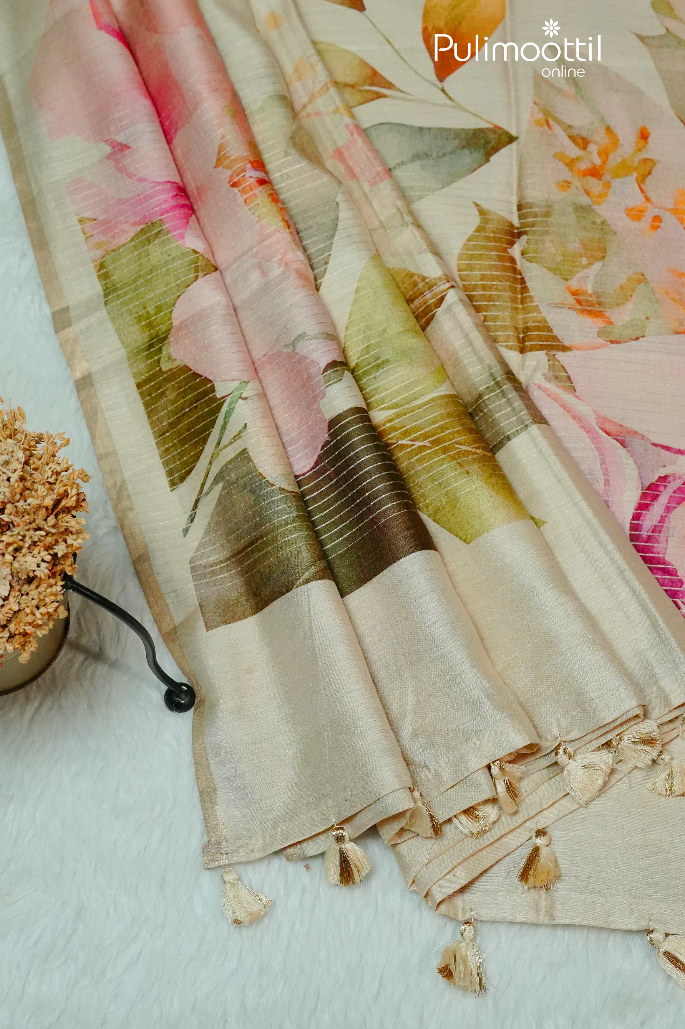 Cream Colour Pure Tussar Silks Saree.