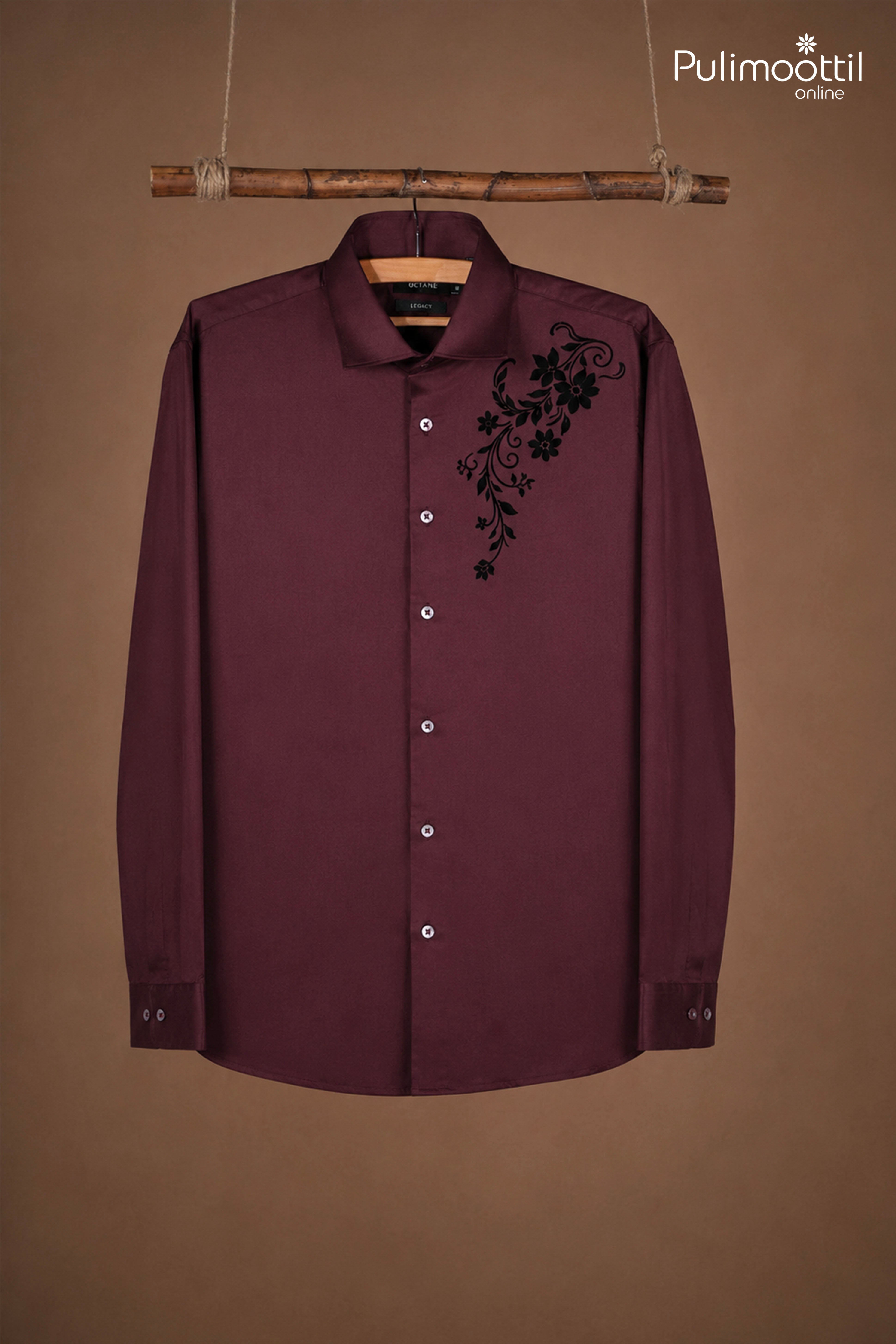 Deep Maroon Color Full Sleeve Mens Shirt With Floral Vine Embroidery