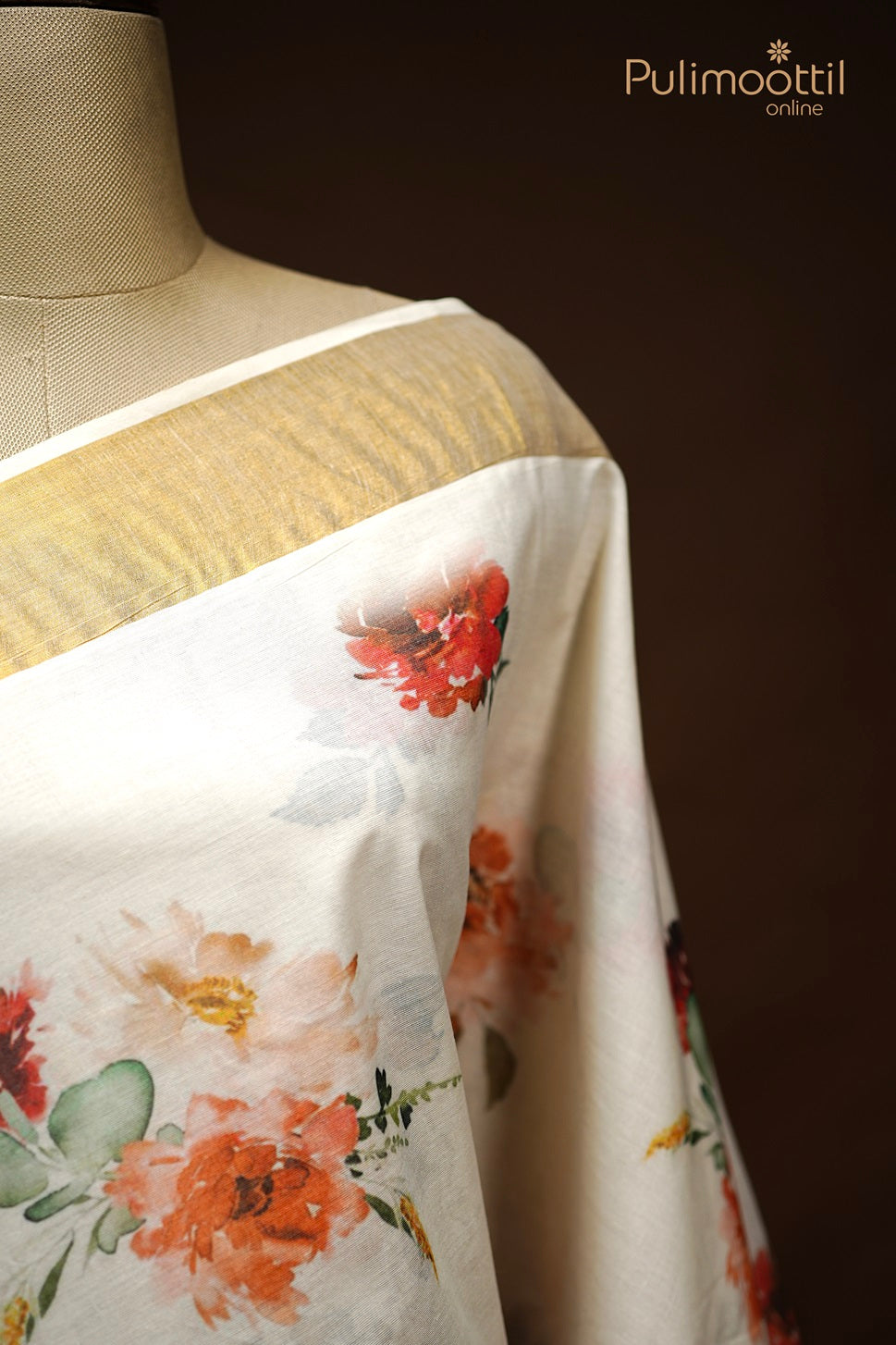 Cream Colour Kerala Cotton Digital Print Set Saree.