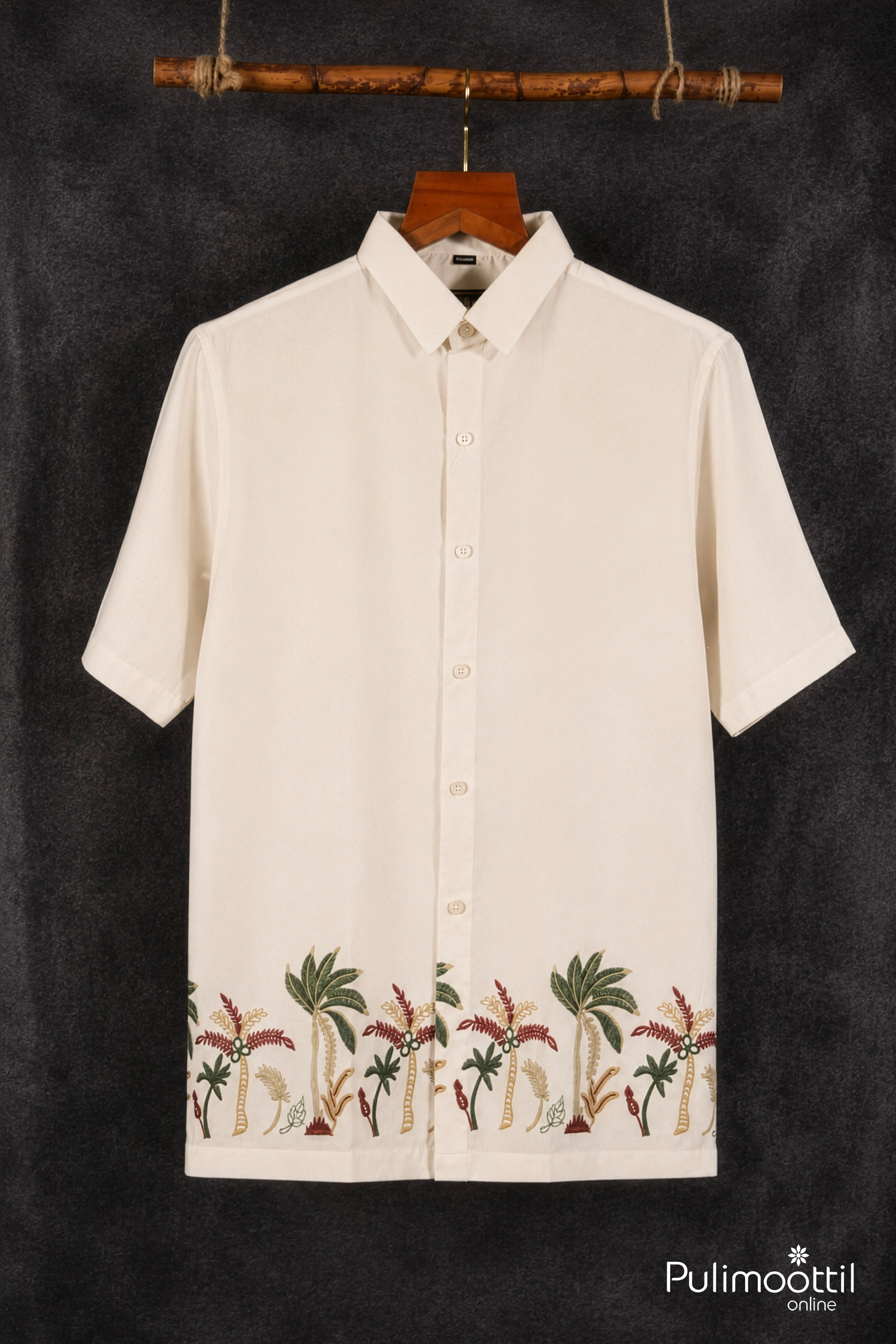 Off White Colour Cotton Shirt Featuring Coconut Tree & Floral Thread Embroidery