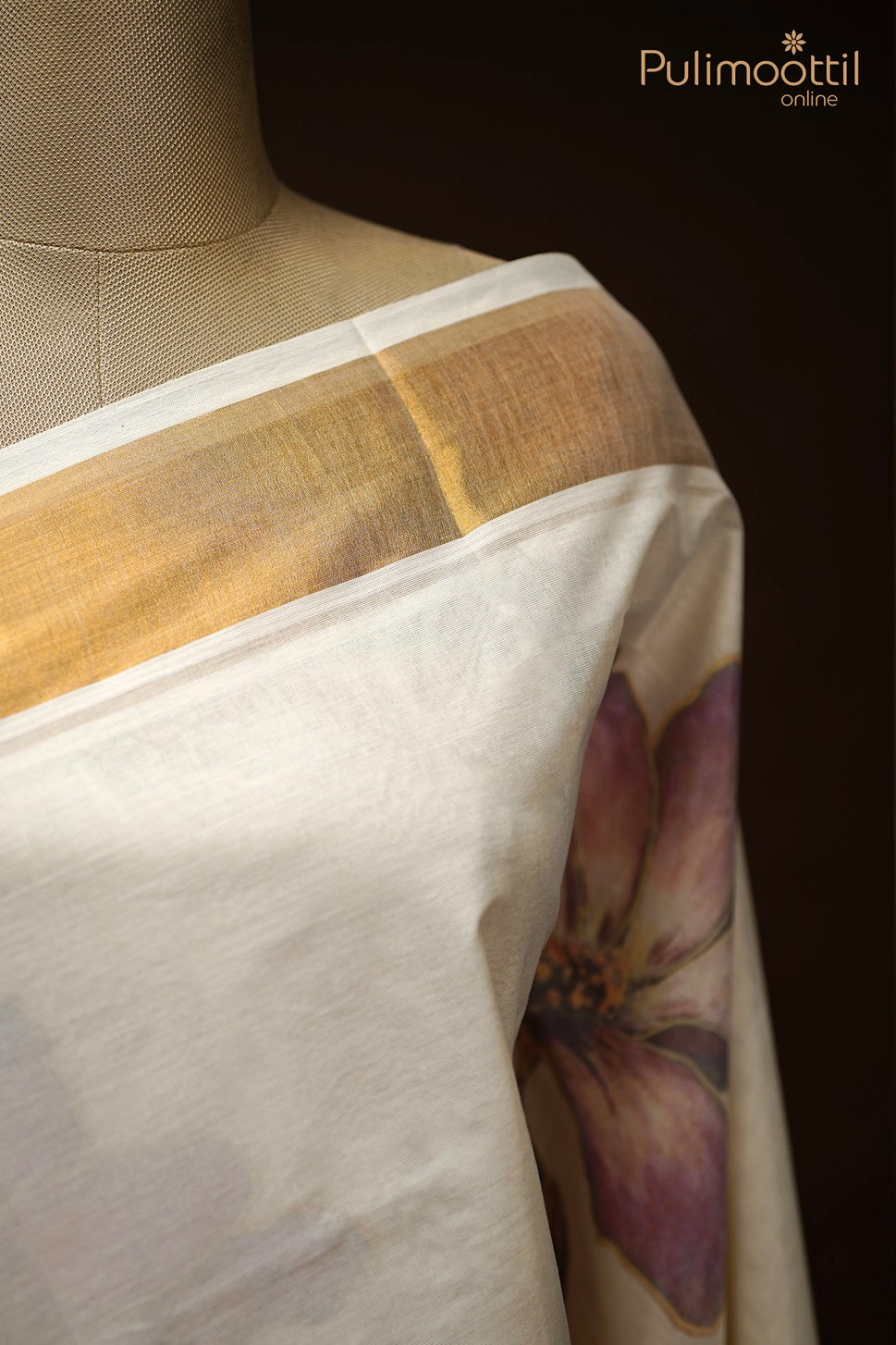 Cream Colour Kerala Cotton Printed Set Saree.