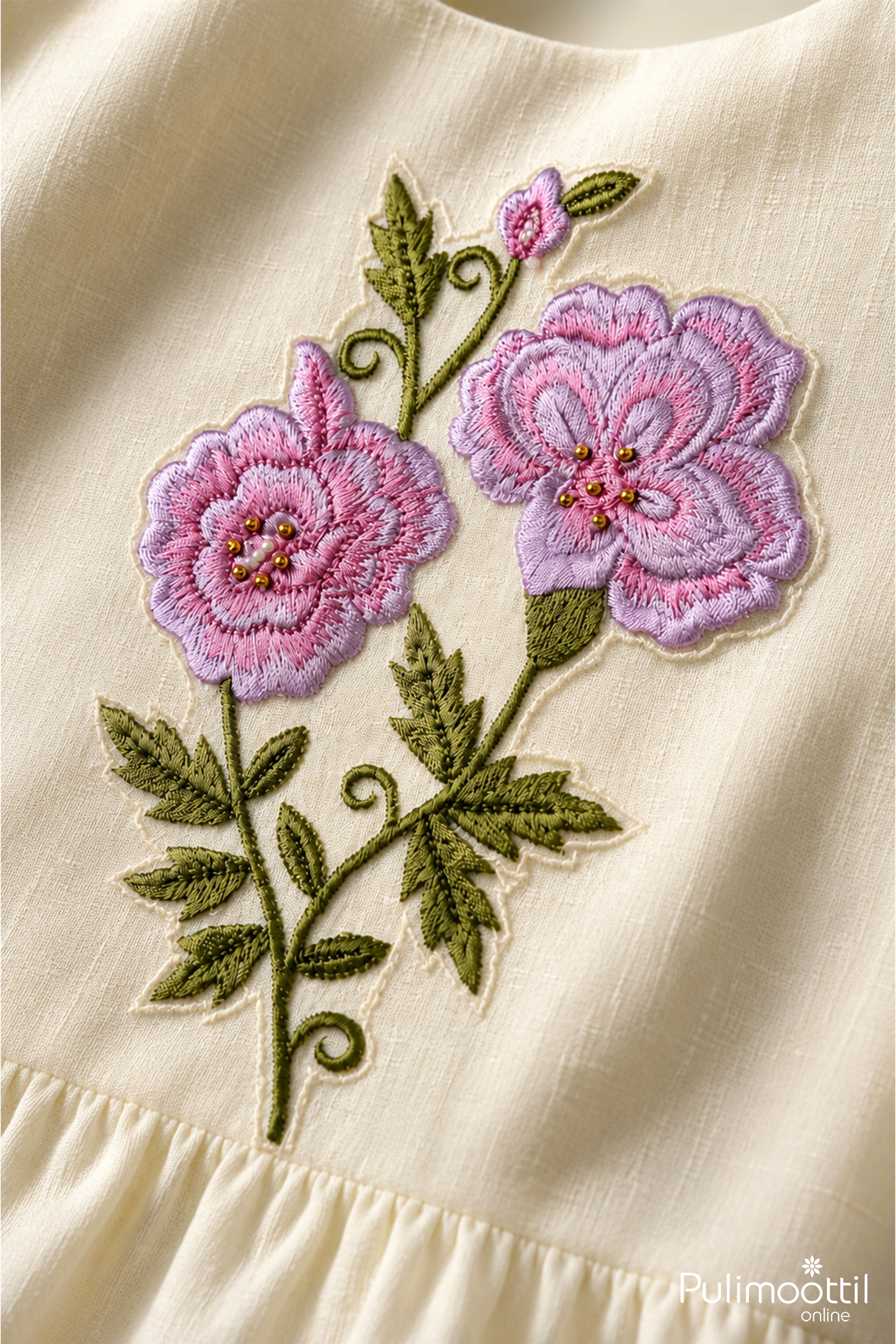 Pearl White Kurtha Featuring Elegant Rose Floral Aplic Work