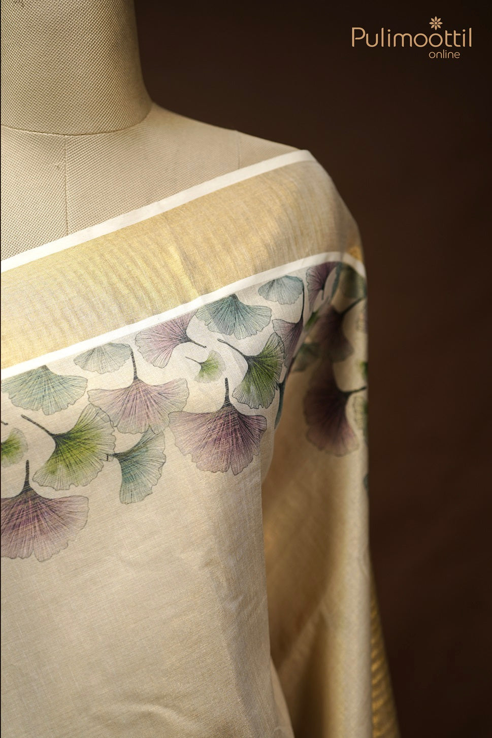 Cream Colour Kerala Golden Tissue Printed Set Saree.