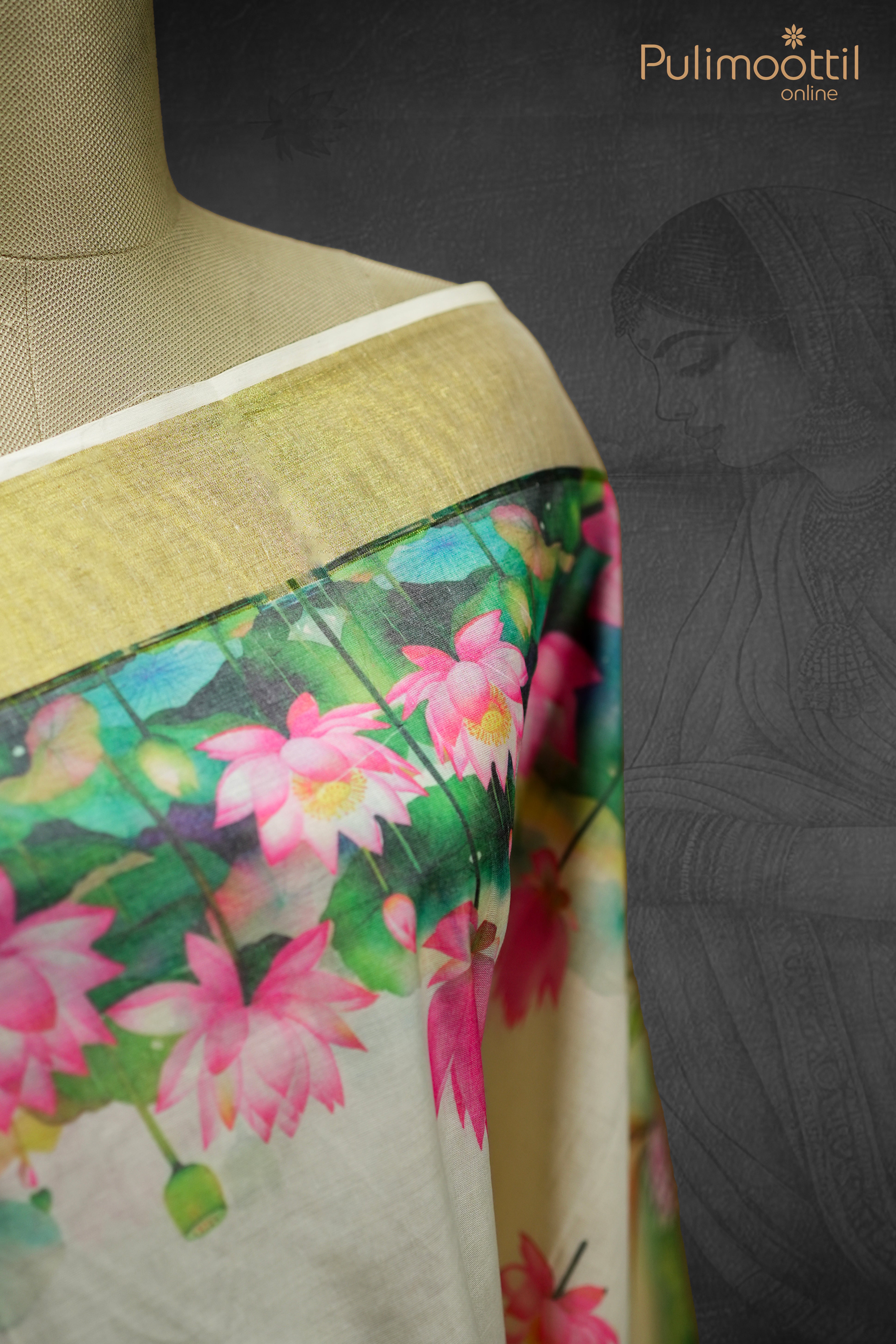 Kerala Traditional Cotton Lotus Print Set Saree.
