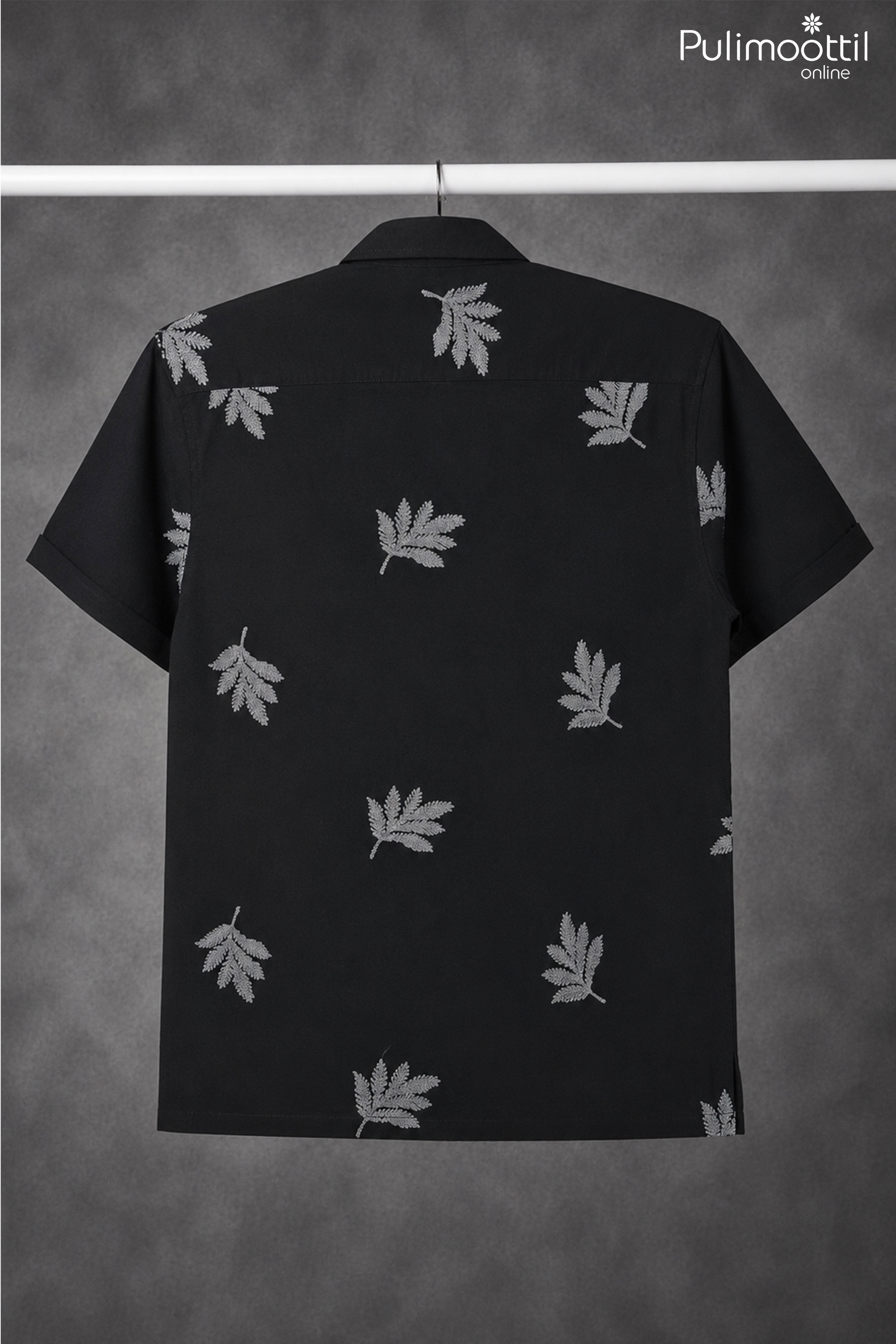 Black White Color Half Sleeve Mens Shirt With Embroidered Leaf Motif
