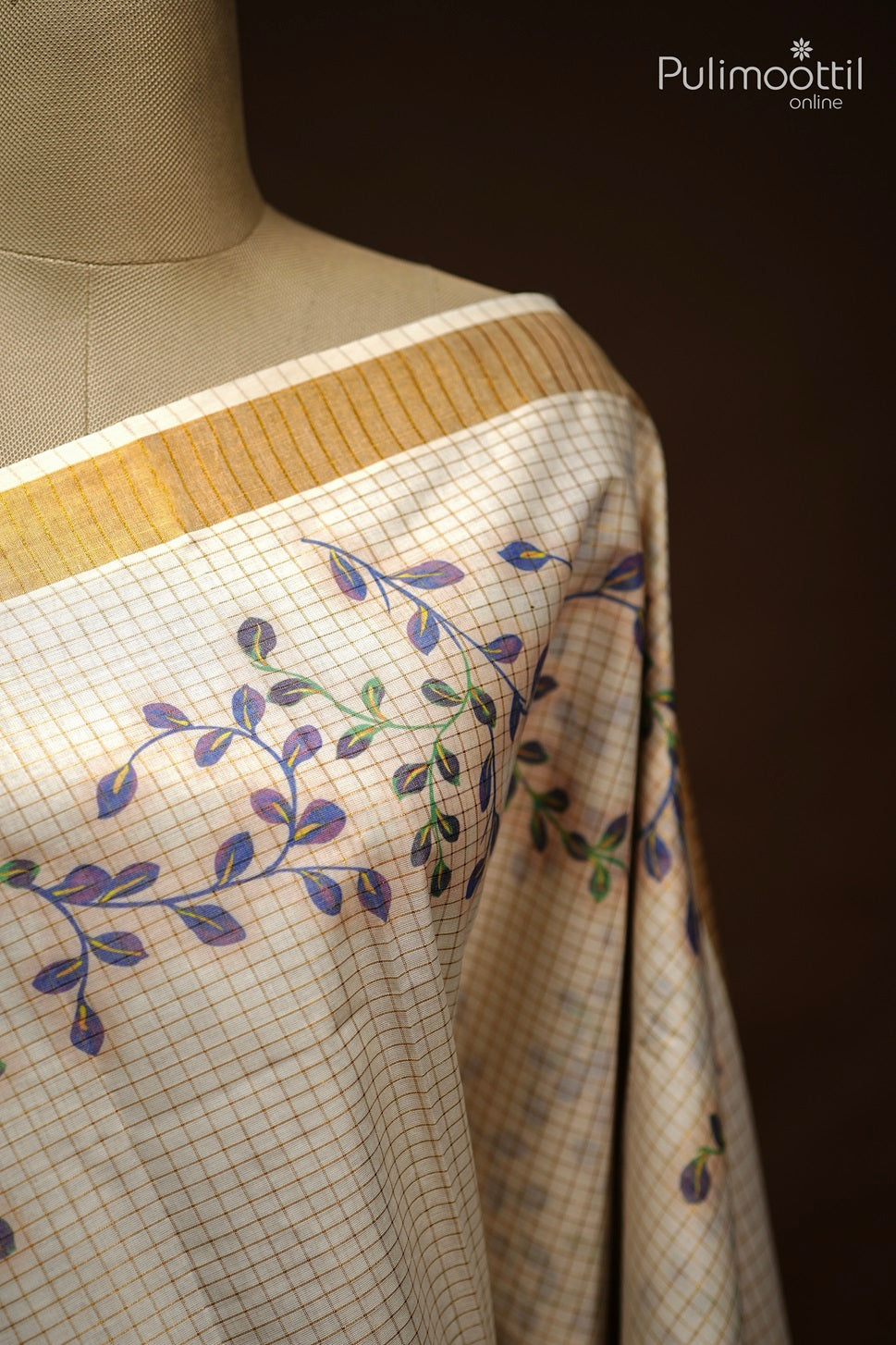 Cream Colour Kerala Cotton Golden Check Set Saree.