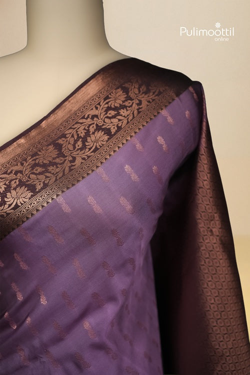 Lavender Semi Silk Saree With Contrast Coffee Brown Border.