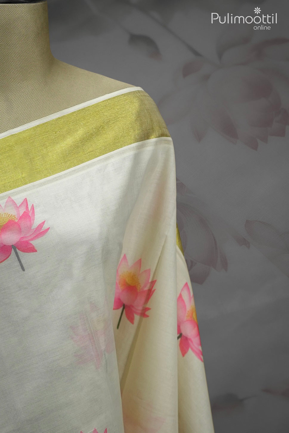 Kerala Golden Tissue Lotus Print Set Saree.