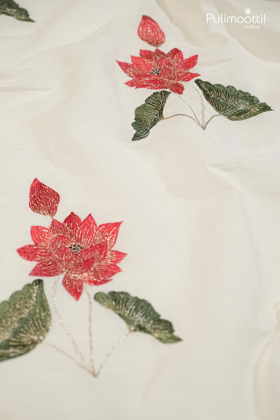 Cream Cotton Fabric with Bright Red Lotus Design