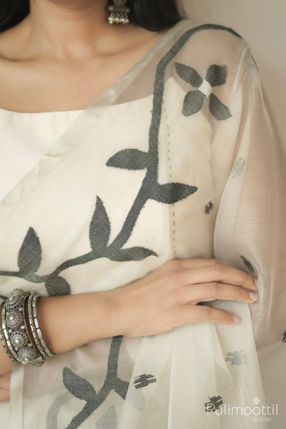 Organsa Jamdhani Cream Colour Saree.