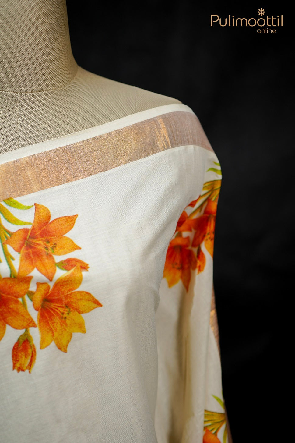 Cream Colour Kerala Digital Print Set Saree.