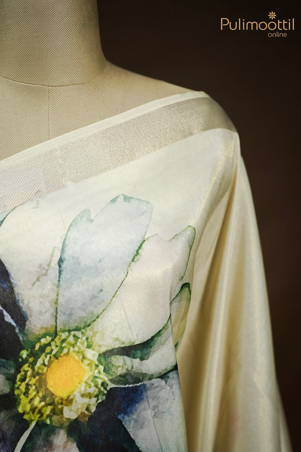 Cream Colour Kerala Golden Tissue Digital Flower Print Fancy Saree.