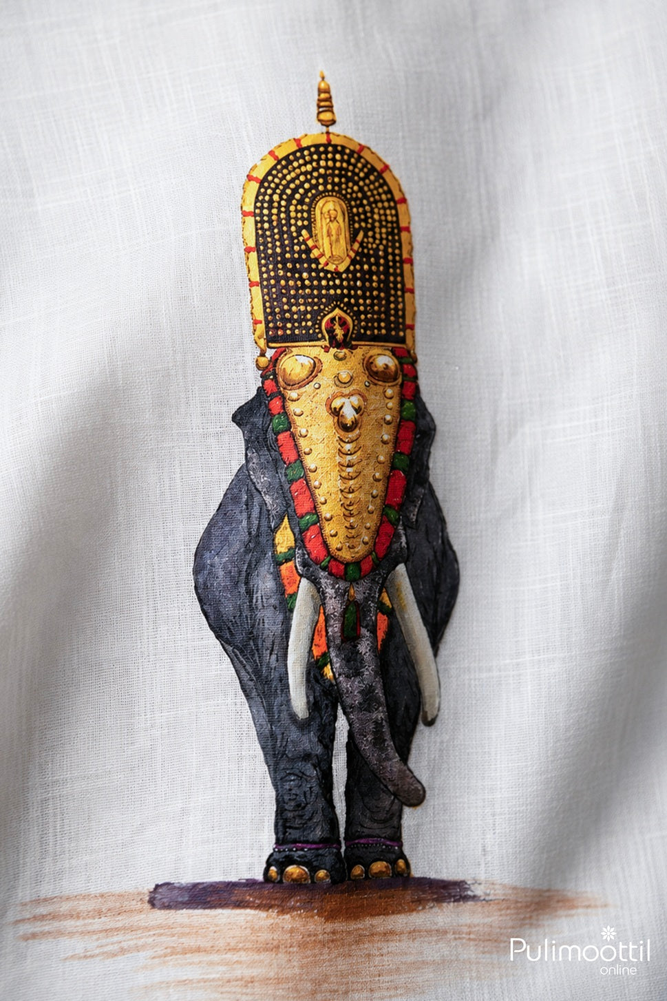 White Color Half Sleeve Mens Shirt With Traditional Kerala Temple Elephant Motif