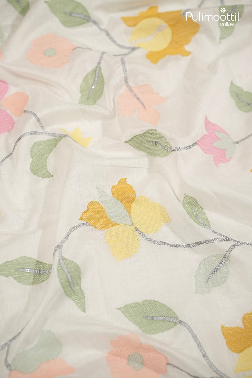White Chanderi Fabric with Multicolor Floral Thread Embroidery