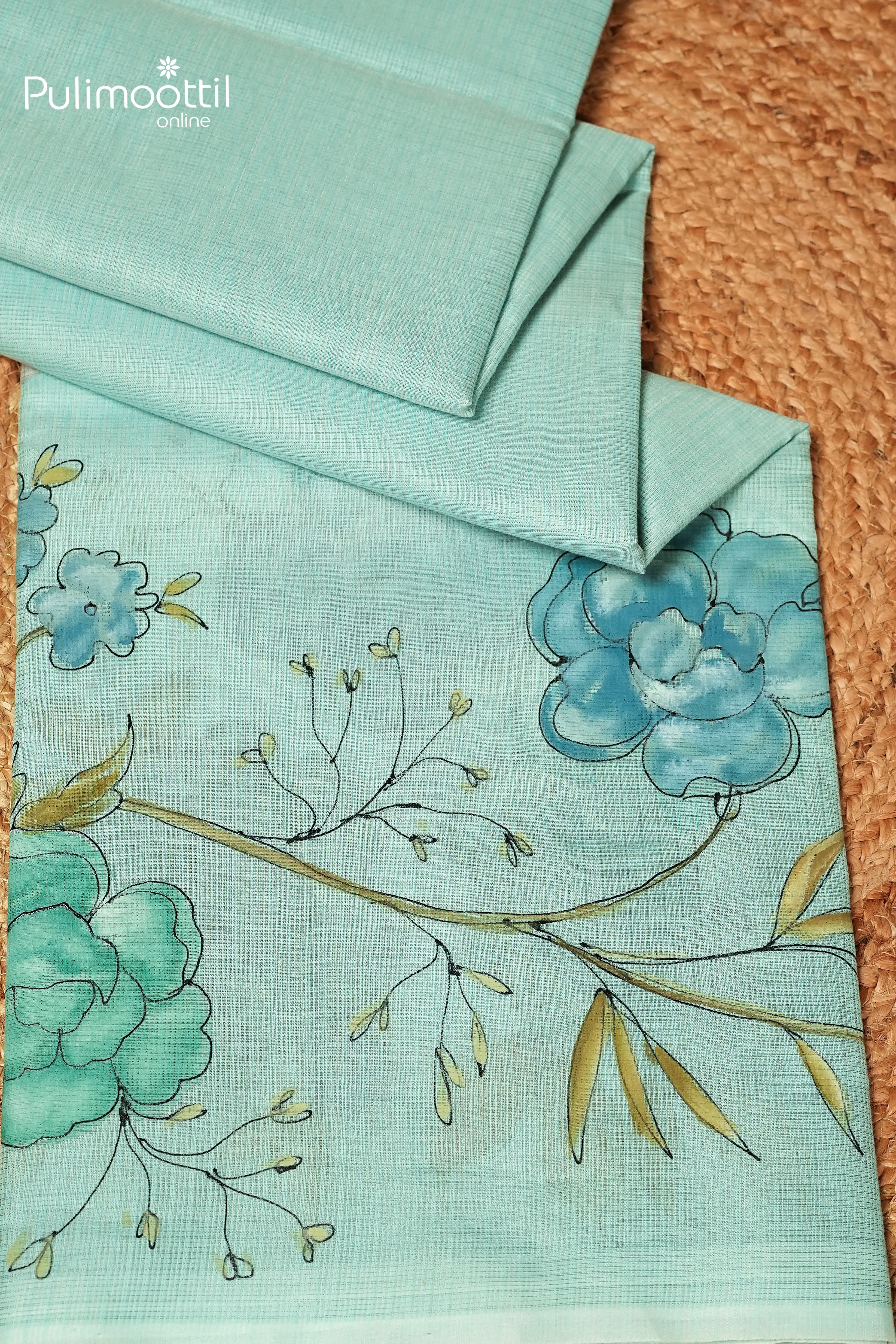 Mint Blue Colour Net Cotta Free Hand Floral Painting Saree