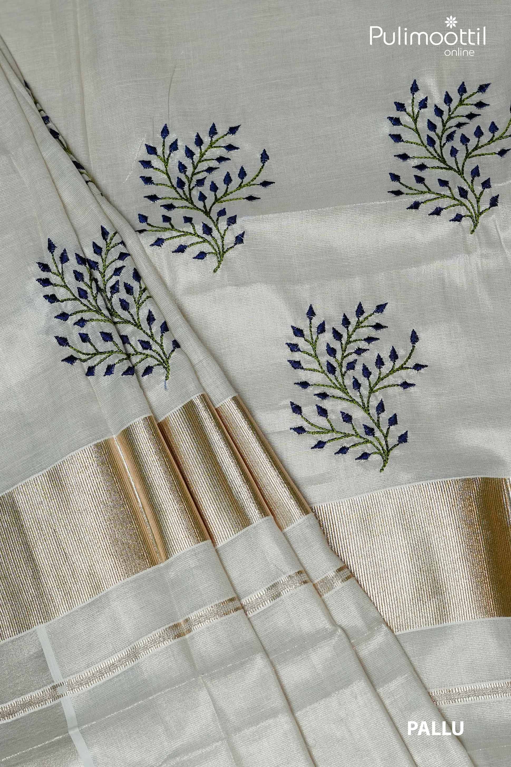 Pallu of Silver Tissue Kerala saree with floral thread work and silver border