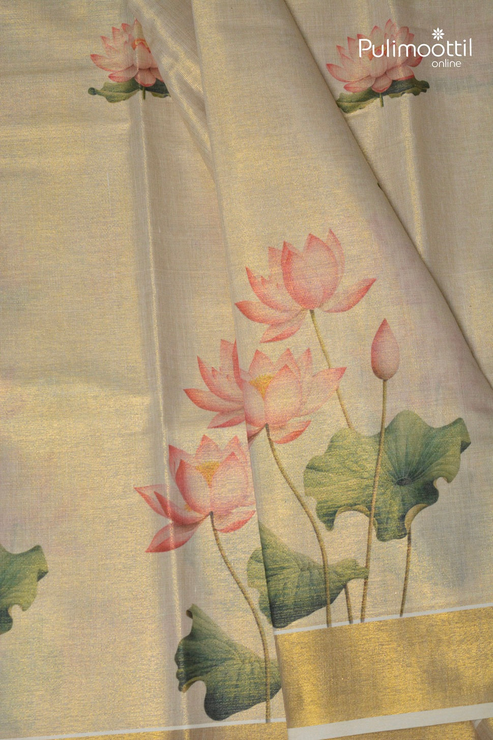 Kerala Traditional Golden Tissue Lotus Printed Set Saree