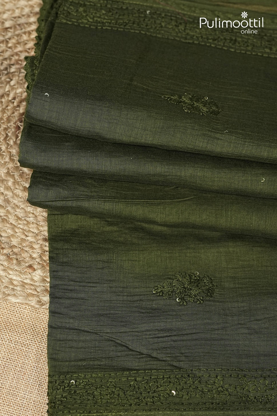 Dark Olive Green Colour Chanderi Chikankari Saree
