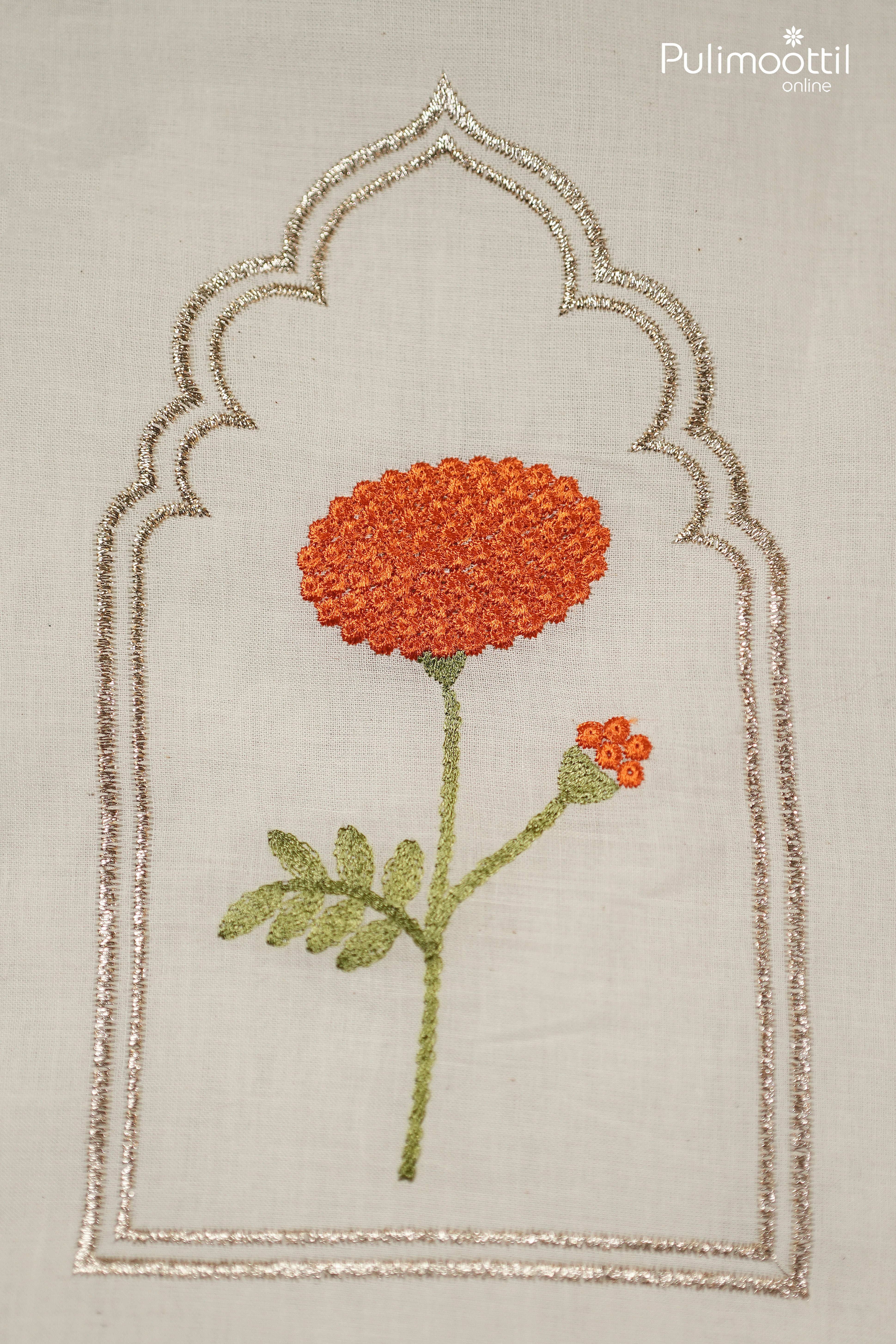 Off-White Kora Cotton Fabric with Orange Marigold Floral Embroidery