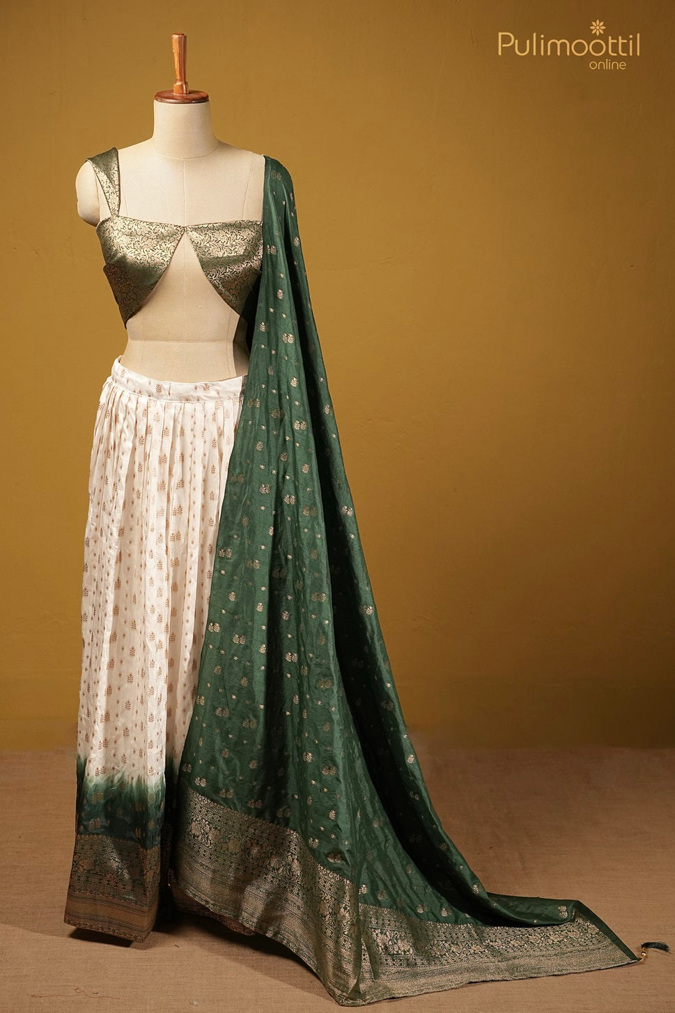 Ready-to-Stitch White Color Semi Silk Banarasi Dhavani Set