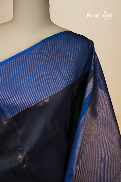 Dark Navy Blue Kanchipuram Silk Saree with Copper Butta and Contrast Borders.