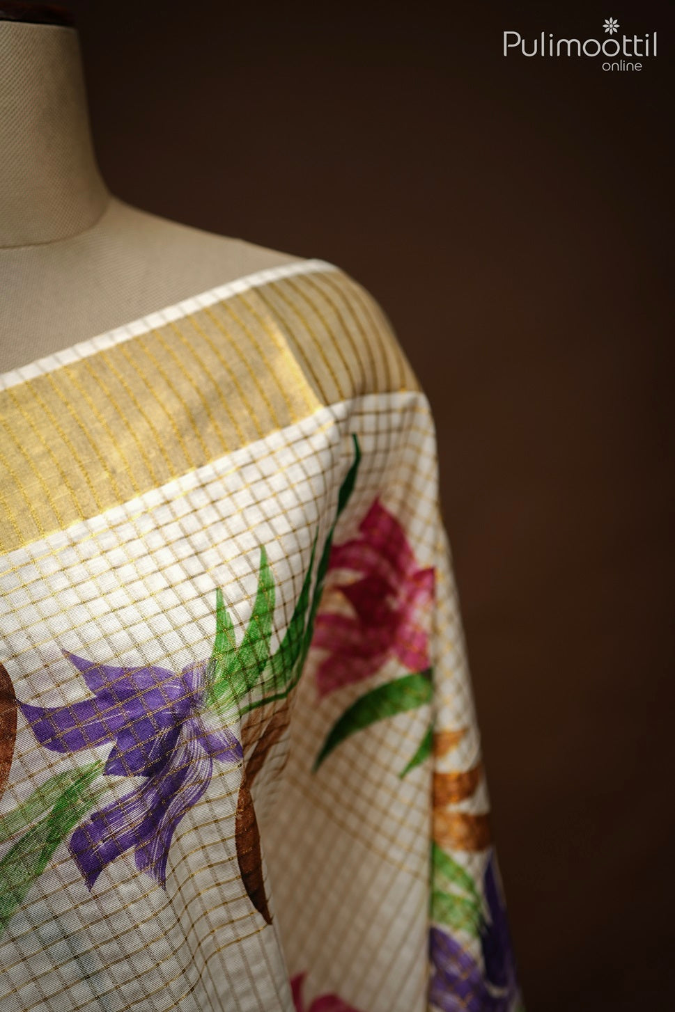 Cream Colour Kerala Cotton Free Hand Painting Saree.