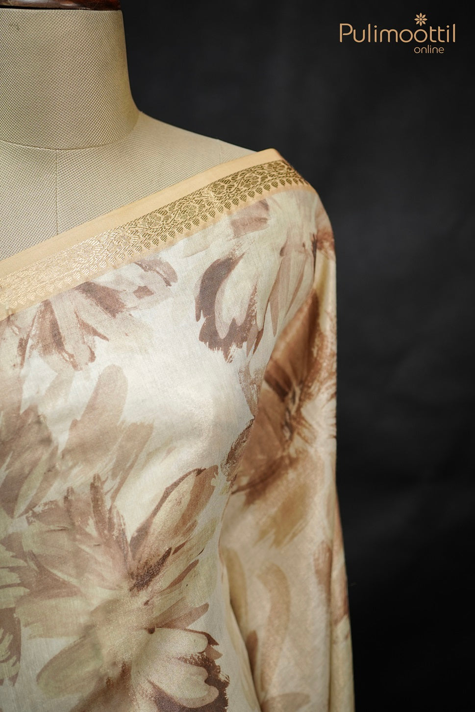 Light Gold Colour Kerala Tissue Floral Print Fancy Saree.