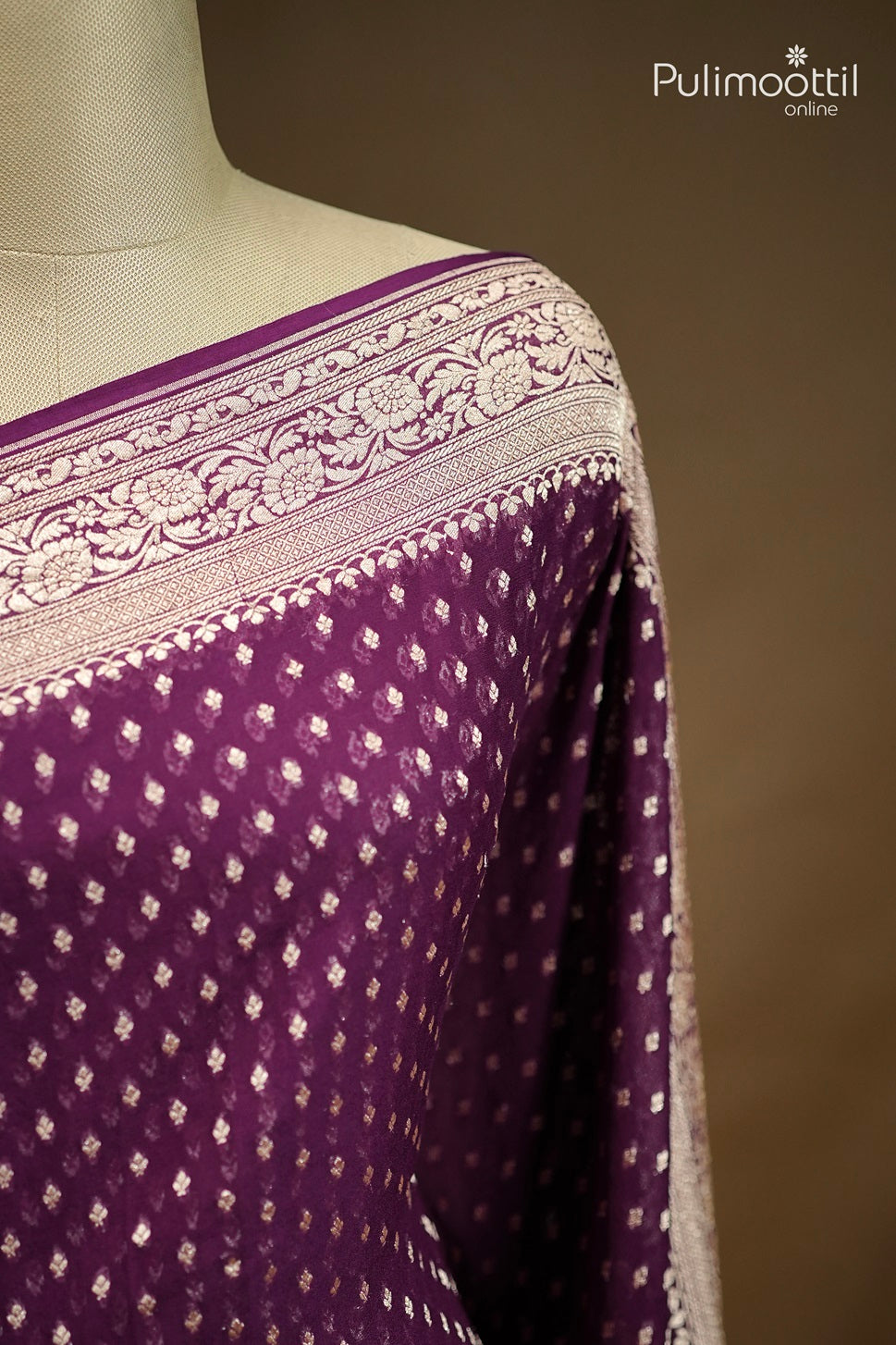 Grape Wine Shade Colour Georgette Banarasi Silk Saree.